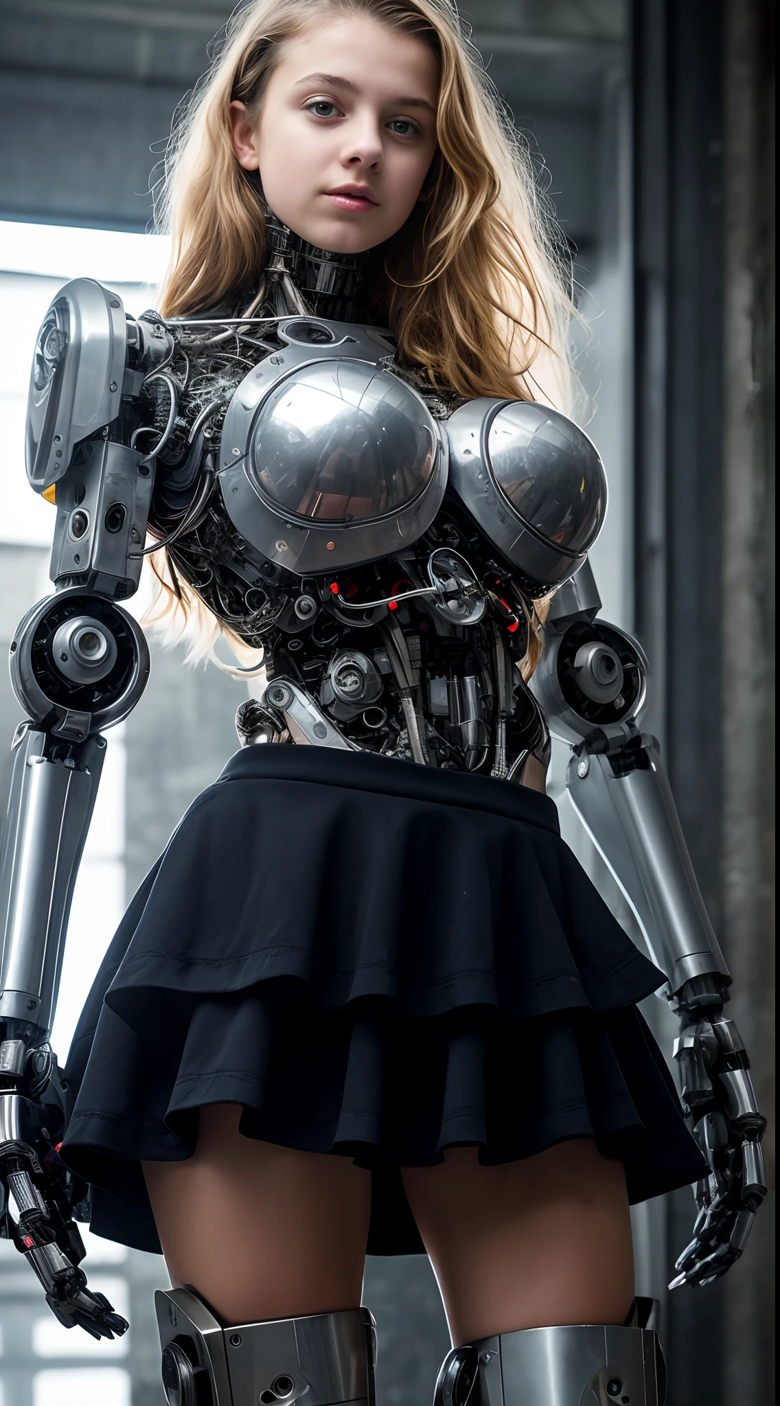 -teen, cyborg, schine, blonde, small breasts, big eyes, close-up on breasts, tiny ruffled skirt, heeled sandals, long legs, cybernetic arms, robot arms, metal and wires on arms, ray tracing , HDR