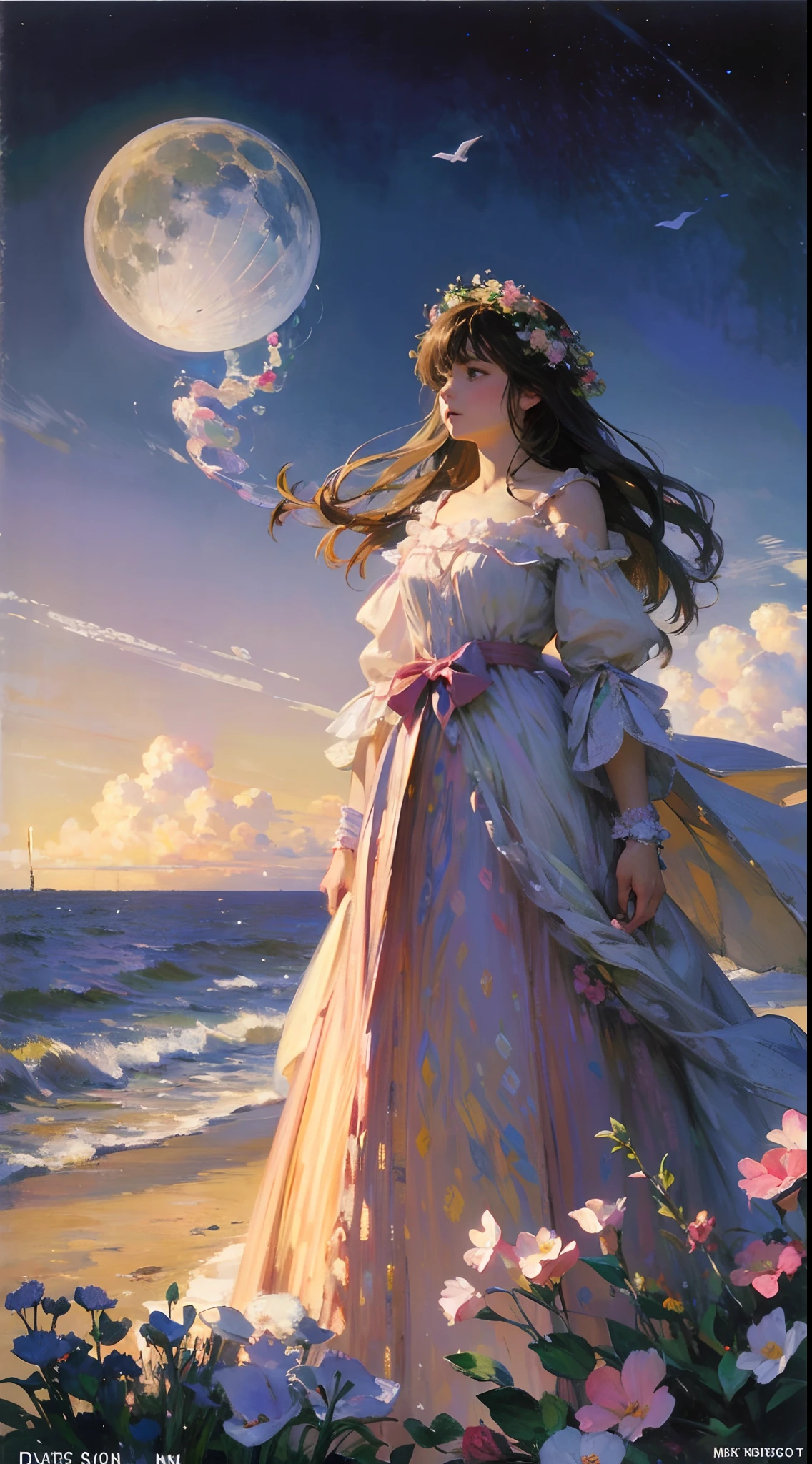 （32k ULTRAHD, Best quality, Masterpiece, ），Castle, Flowers, delicate scene, sky, White clouds, and sunlight shine on the snow-white beach. Birds, Pink flowers and bright large shells, diamond crystal, On the beach, fantasy, Night sky, Moon, Smoke, Fire, Photo, HD, 8K, hyper HD, Super detail, High quality, 1080p，Super detail, High details，Correct anatomy，Ultra photo realsisim, epic realistic, Faded, ((com cores neutras)), (hdr:1.5), (pastel colour:1.2), ultra - detailed, (Art Station:1.5), Cinematic, warm lights, Light effect, Dramaticlight, (Intricate details:1.1), the complex background, Rich gradients, Extreme colors, extreme hight detail, Clear light perception, Break，(Monet, Impresionismo, Oil painting), A01,,