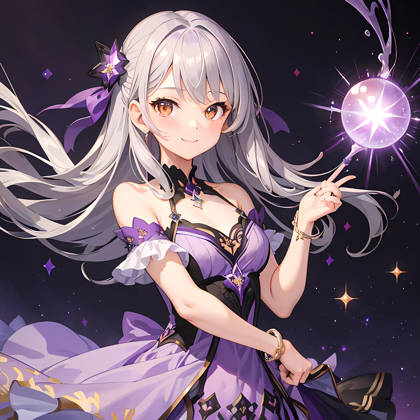 masterpiece, best quality, 1 girl, gray hair, (orange eyes:1.0), (purple dress:1.3), simple background, purple background, smile, upper body, sparkles