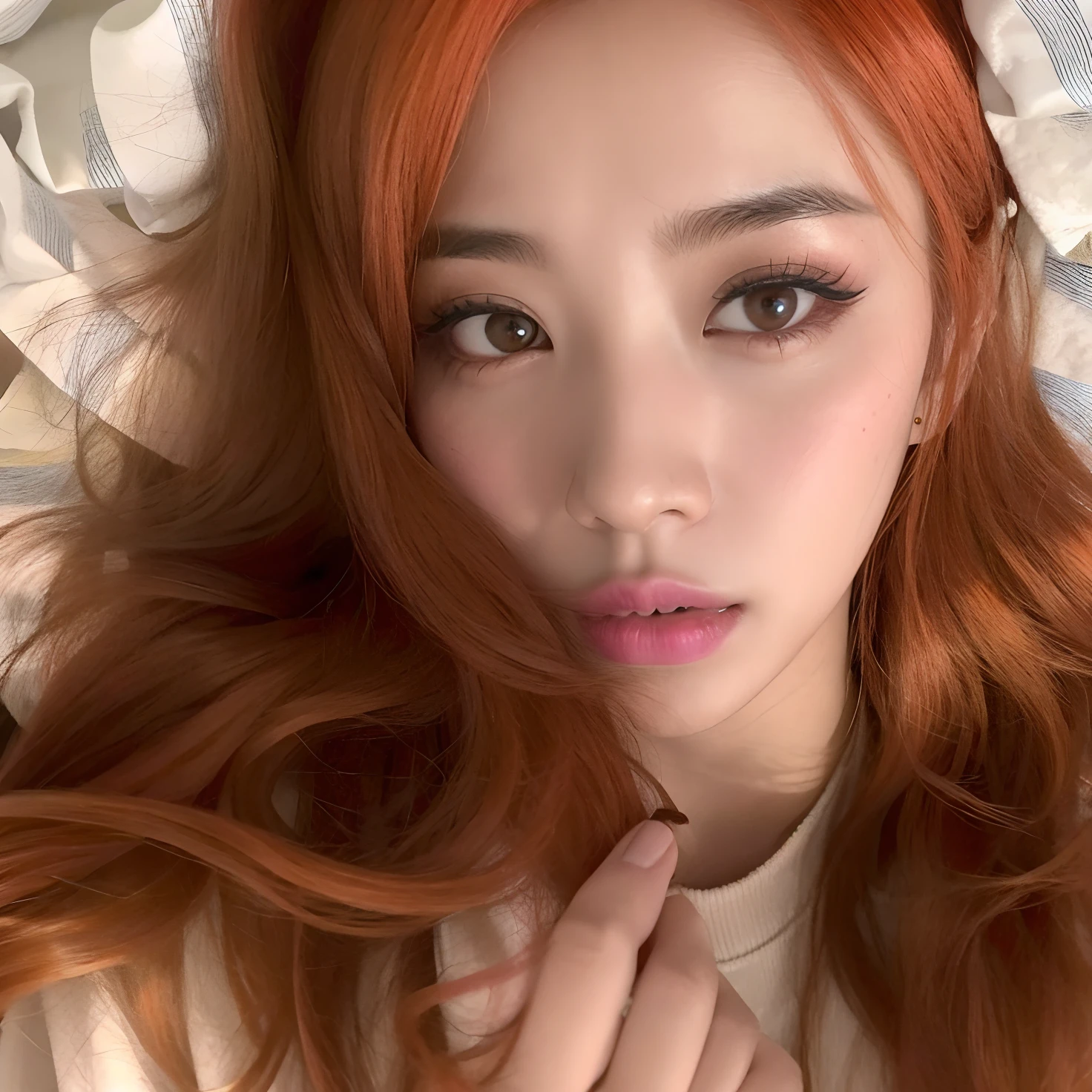 there is a woman with long red hair posing for a picture, tzuyu de duas vezes, Lalisa Manobal, Dom Yunjoo, Parque Roseanne do Blackpink, jossi do blackpink, Ela tem longos cabelos castanhos alaranjados, Lalisa Manoban do Blackpink, ela tem cabelos longos e redorange, coreana, dilraba dilmurat, Jinyoung Canela