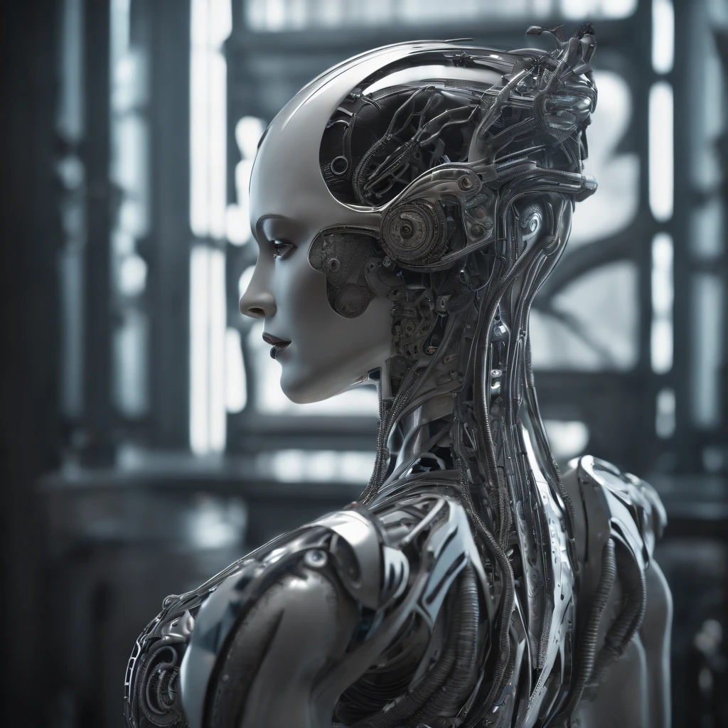 complex 3d render ultra detailed of a Full body, beautiful porcelain profile woman android face, cyborg, robotic parts, 150 mm, beautiful studio soft light, rim light, vibrant details, luxurious cyberpunk, lace, hyperrealistic, anatomical, facial muscles, cable electric wires, microchip, elegant, beautiful background, octane render, H. R. Giger style, 8k, best quality, masterpiece, illustration, an extremely delicate and beautiful, extremely detailed ,CG ,unity ,wallpaper, (realistic, photo-realistic:1.37),Amazing, finely detail, masterpiece,best quality,official art, extremely detailed CG unity 8k wallpaper, absurdres, incredibly absurdres, robot, silver halmet, full body, sitting