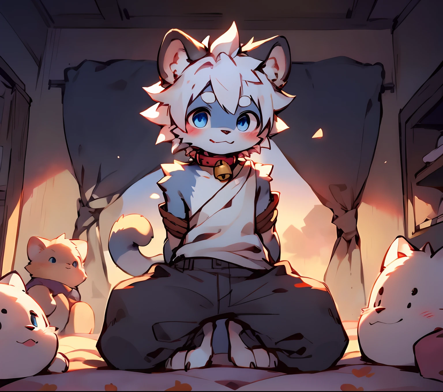 three fourths view，（Fluffy fur，White fur，Full Body Furry，），Boy，eBlue eyes，White hair，shorter pants，toddlers ， adolable， Master masterpieces， A high resolution，8K，detailedbackground，high high quality，(((Libido boy，toddlers，Q version)))，独奏，（bell，Pet collars，white short sleeve：1.2），((独奏,solo person, arms tied，kneeling on a bed，Bedrooms，opening legs)),the shy，solo person，((author：Puinki,By Artists:1.2),(author：Unreal Land,author：Sumi Kuroi,author：Milk Tiger 1145,author：Morkey,(author：Xia Huaiting:0.8),(by Pino Daeni:0.8)