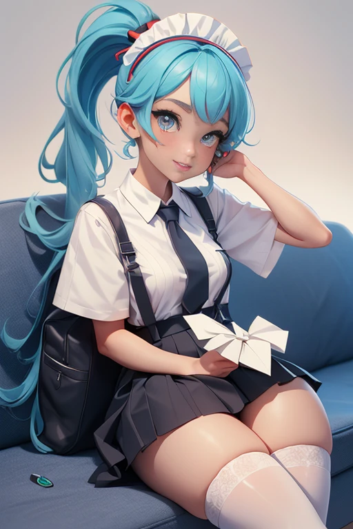 Young girls，double-ponytail，Pale blue hair，red color eyes，JK school uniform，solo person，Maid skirt，white stockings，White knee-length socks，Suspenders，looking to the camera，in a panoramic view，Lying on the couch，Five black males，White T-shirt，denim pant，Smiling at the girl，Masterpiece，Best quality，Japanese style binding，tatami mats，bedroom background，4k，Outstanding work。