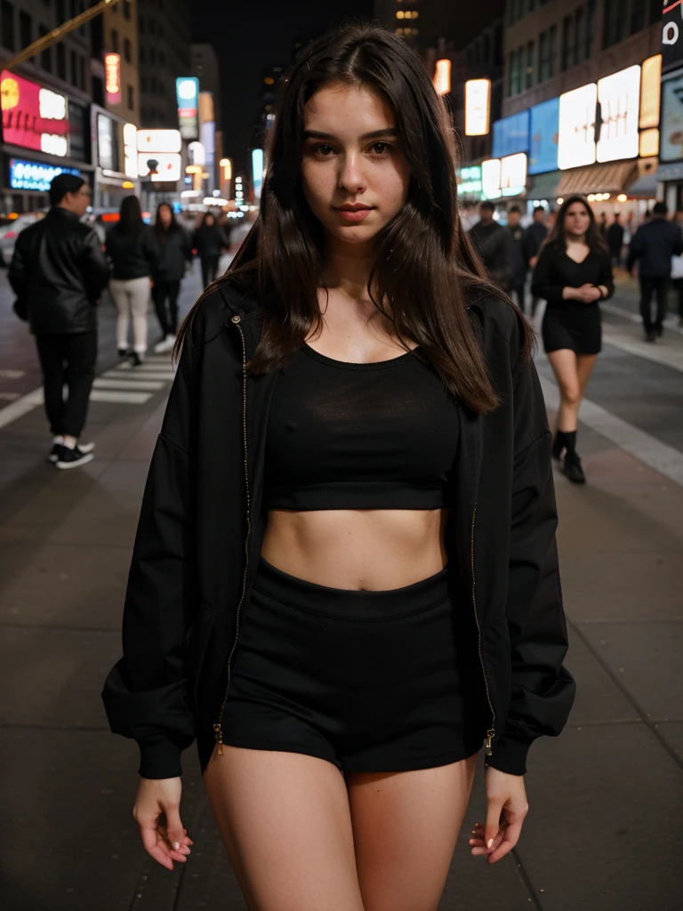 Full body portrait of Beautiful blonde 24 years old woman,new york crowded street, canon 50 mm, midnight, realistic portrait, highly detailed, analog style,