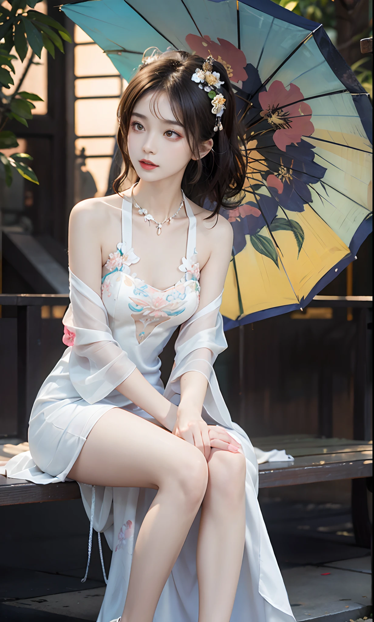 Chinese style，((upper body)), Shot from a random perspective, brown  hair，Chinese outfit, Tang Feng Hanfu, Hanfu, (((White dress, Floral))), cropped shoulders，show legs, high-heels， outside, gazebo, Sit Pose, sitting on a bench, posing elegantly, Surprising pose, Cross ed leg, slender leg, Delicate face, Clear face, the night, rays of moonlight, a warm color palette, choker necklace, Hairpins, 耳Nipple Ring