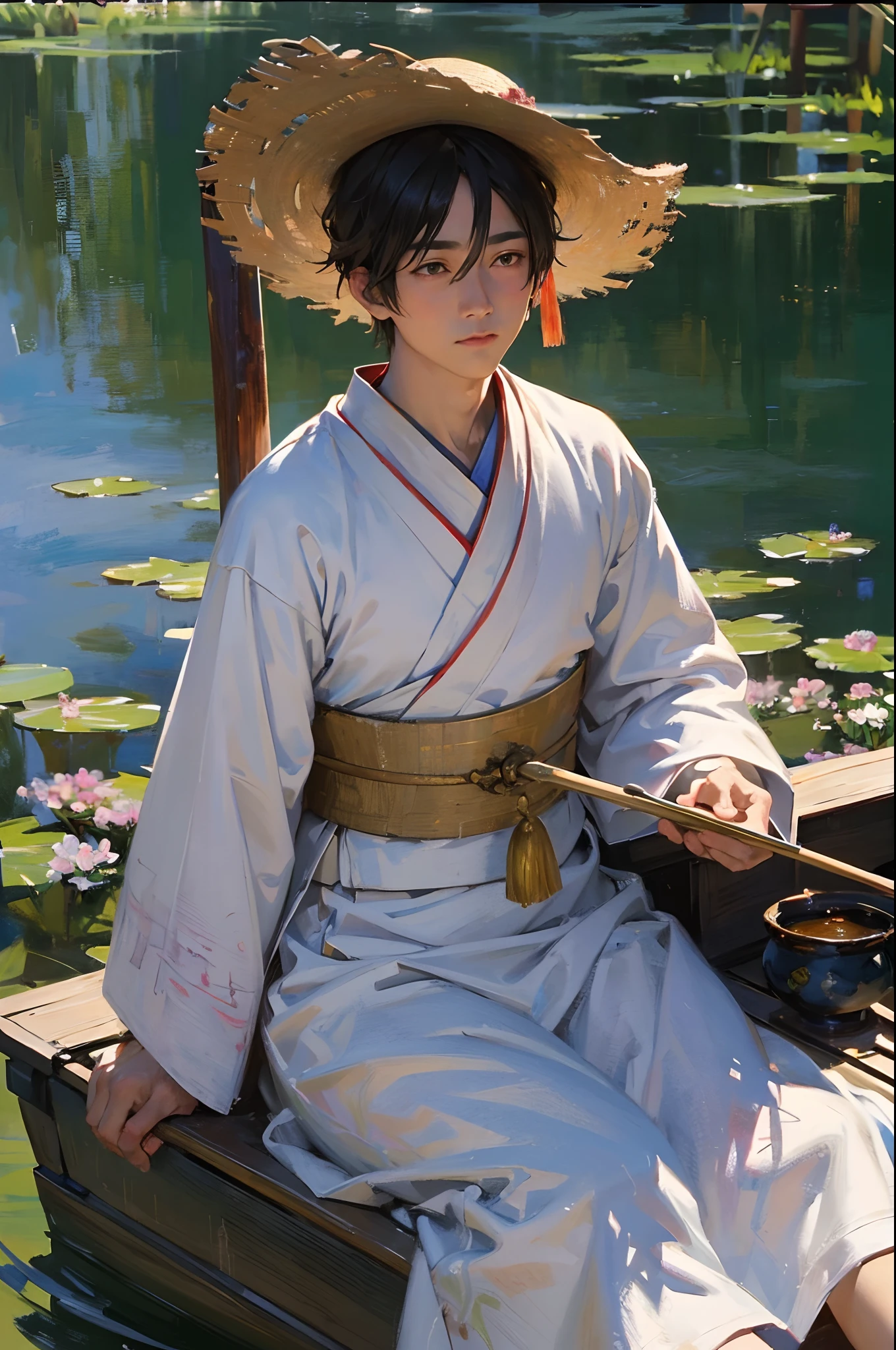 （32k ULTRAHD, Best quality, Masterpiece, ）Man in a straw hat sitting on a boat, Hanfu, Chinese style, White Hanfu, Inspired by Bian Shoumin, inspired by Liu Jun, with acient chinese clothes, inspired by Huang Gongwang, inspired by Gu An, inspired by Chen Daofu, Inspired by Xiao Yuncong, inspired by Wu Bin，Super detail, High details，Correct anatomy，Ultra photo realsisim, fearsome, epic realistic, Faded, ((com cores neutras)), (hdr:1.5), (pastel colour:1.2), ultra - detailed, (Art Station:1.5), Cinematic, warm lights, Light effect, Dramaticlight, (Intricate details:1.1), the complex background, Rich gradients, Extreme colors, extreme hight detail, Clear light perception, Break，(Monet, Impresionismo, Oil painting), A02,,，