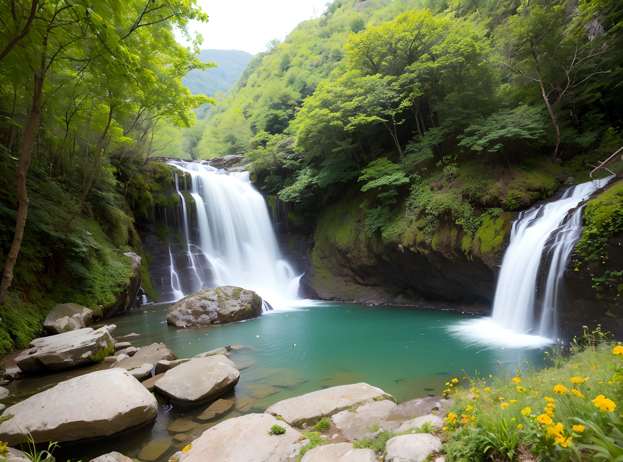 Violin in the mountains surrounded by brilliant colored flowers, waterfalls in the background. A wooded bridge spotted far off in the mountain