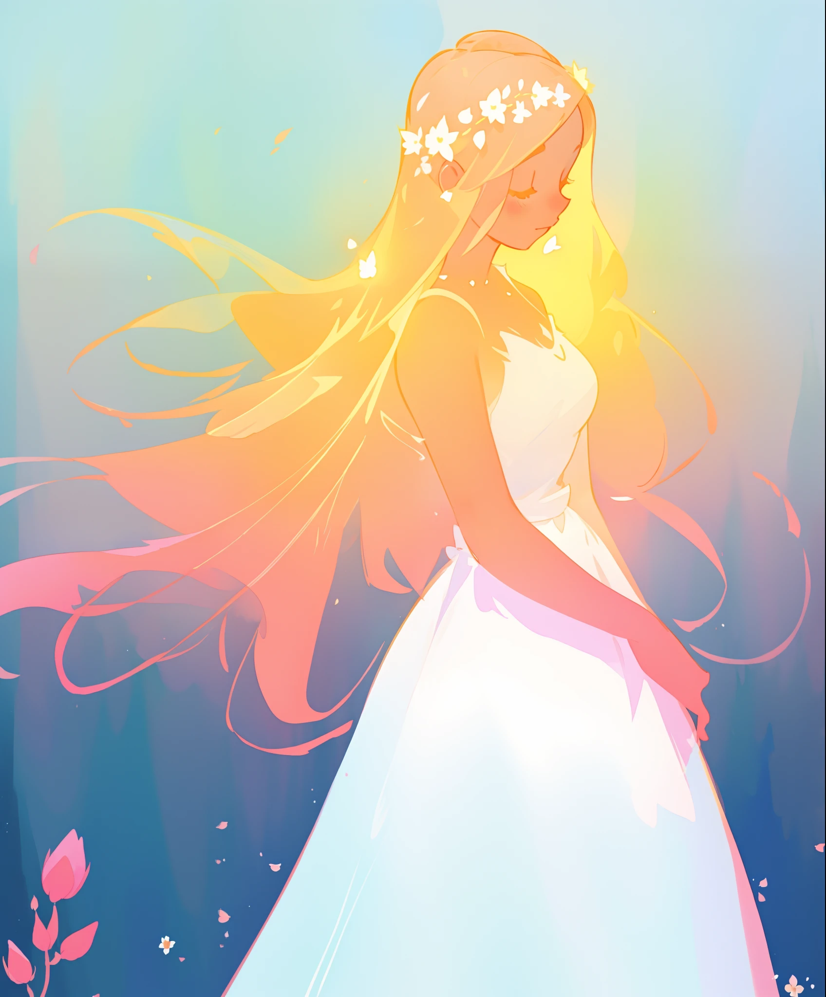 beautiful girl in white puffy ballgown, glowing ballgown, long gold peach hair, delicate white flowers in her hair, colorful fantasia background, watercolor illustration, disney art style, glowing aura around her, glowing lights, beautiful digital illustration, fantasia otherworldly landscape plants flowers, beautiful, masterpiece, best quality, anime disney style