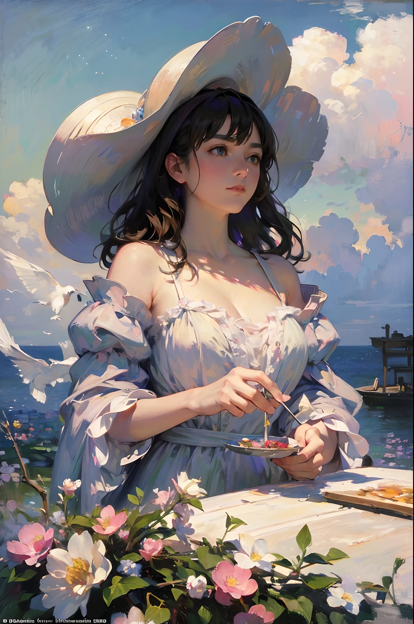 (32k ULTRAHD, Best quality, Masterpiece, ),Castle, Flowers, delicate scene, sky, White clouds, and sunlight shine on the snow-white beach. Birds, Pink flowers and bright large shells, diamond crystal, On the beach, fantasy, Night sky, Moon, Smoke, Fire, Photo, HD, 8K, hyper HD, Super detail, High quality, 1080p,Super detail, High details,Correct ???????,Ultra photo realsisim, epic realistic, Faded, ((com cores neutras)), (hdr:1.5), (pastel colour:1.2), ultra - detailed, (Art Station:1.5), Cinematic, warm lights, Light effect, Dramaticlight, (Intricate details:1.1), the complex background, Rich gradients, Extreme colors, extreme hight detail, Clear light perception, Break,(Monet, Impresionismo, Oil painting), Correct ???????,Detailed face, Detailed eyes,A03,,