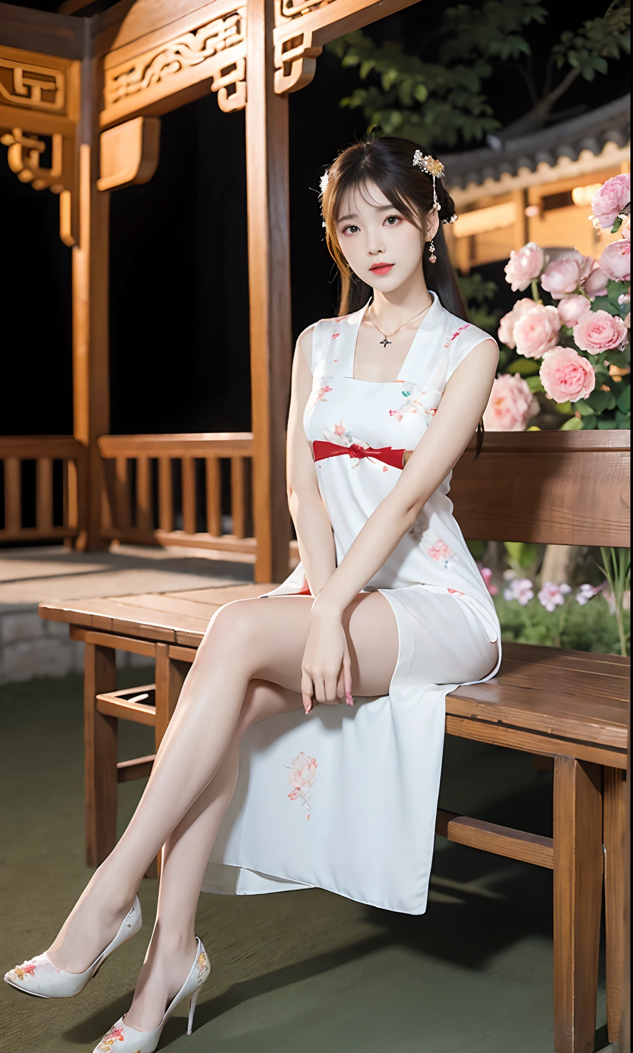 (8k、RAW Photos、Highest quality、masterpiece:1.2)、(Realistic、Realistic)、1 、((China dress:1.2、Thin legs、whole body、View from the front、smile、Looking into the camera、arms behind head))、cute、Leg fetish erection images