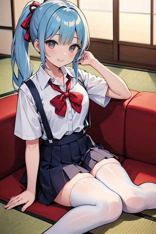 Young girls,double-ponytail,Pale blue hair,red color eyes,JK school uniform,solo person,Maid skirt,white stockings,White knee-length socks,Suspenders,looking to the camera,in a panoramic view,Lying on the couch,Five black males,White T-shirt,denim pant,Smiling at the girl,Masterpiece,Best quality,Japanese style binding,tatami mats,bedroom background,4k,Outstanding work。