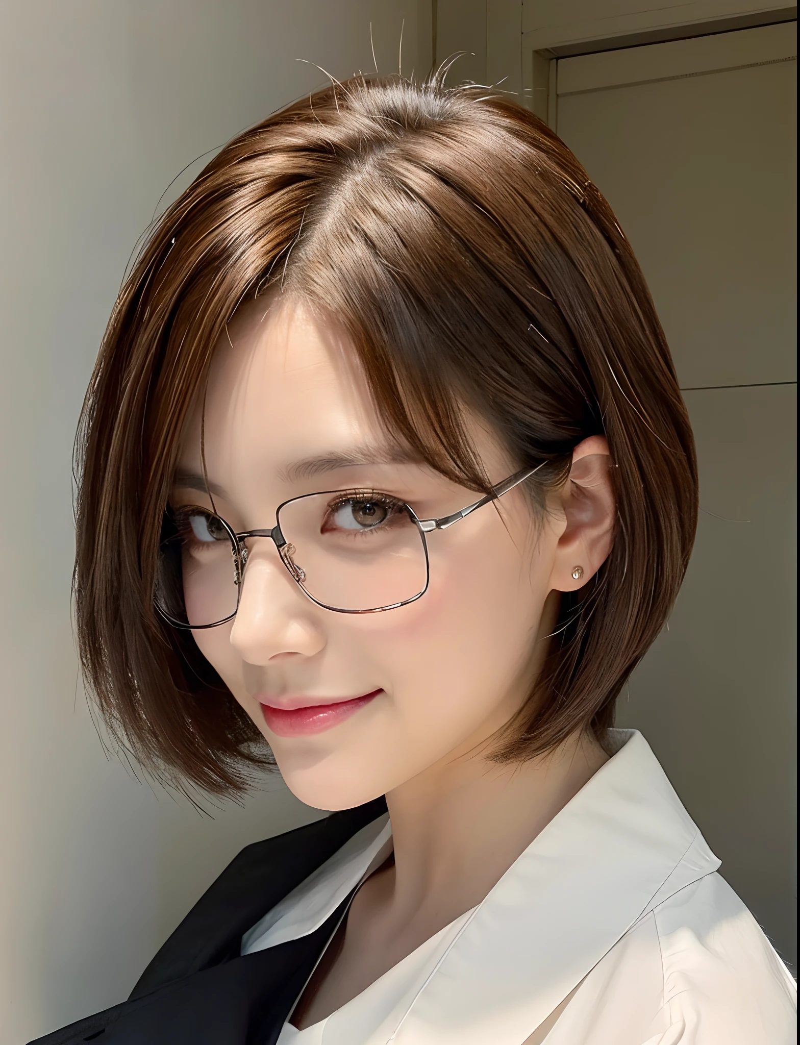 ((Beauty like a model)), masterpiece, The highest image quality, ultra-detailliert, ((Perfect face+Brown hair)), Close up of, Short bob hair,Wolfcut,Viewer's Perspective, detailed hairs、Detailed eyes(realisticeyes),profetional lighting,middlebreasts,(Brown eyes),(slenderbody:1.2),adult lady,About 28 years old,glamor,kindly smile,Half Girl,Lashes,二重まぶた ,((7-minute sleeve shirt)),Square glasses with black rimming,