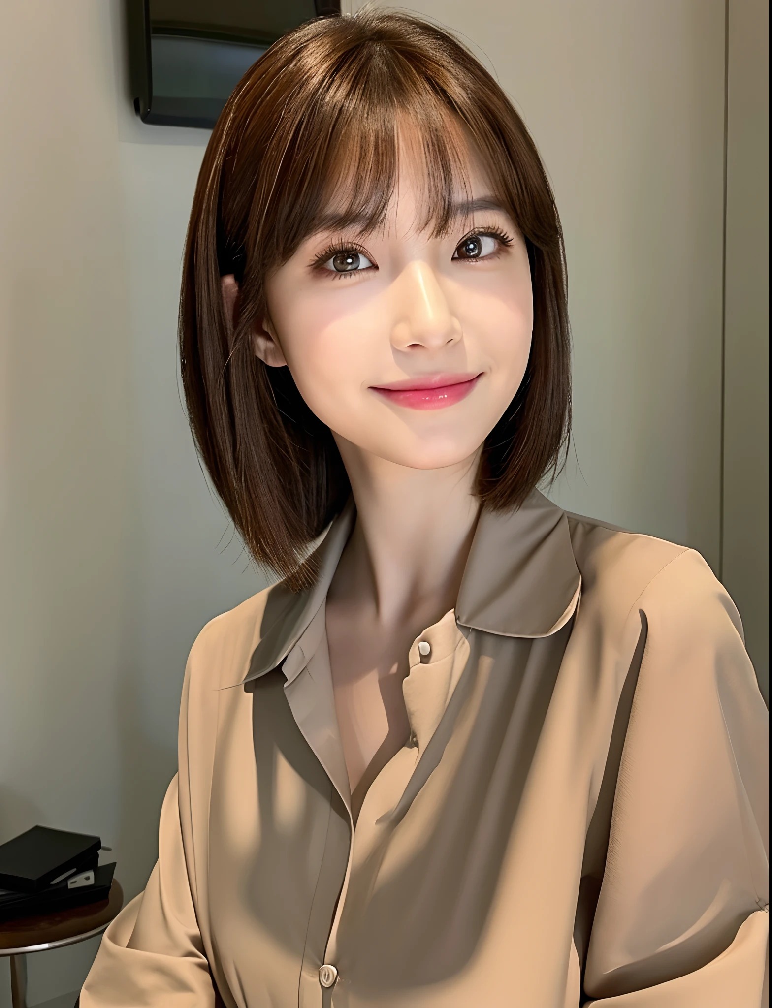 ((Beauty like a model)), ​masterpiece, The highest image quality, ultra-detailliert,  ((Perfect face+Brown hair)), Close up of, Short bob hair,Wolfcut,Viewer's Perspective, detailed hairs、Detailed eyes(realisticeyes),profetional lighting,middlebreasts,(Brown eyes),(slenderbody:1.2),adult lady,About 28 years old,glamor,kindly smile,Half Girl,Lashes,二重まぶた ,((7-minute sleeve shirt)),Square glasses with black rimming,
