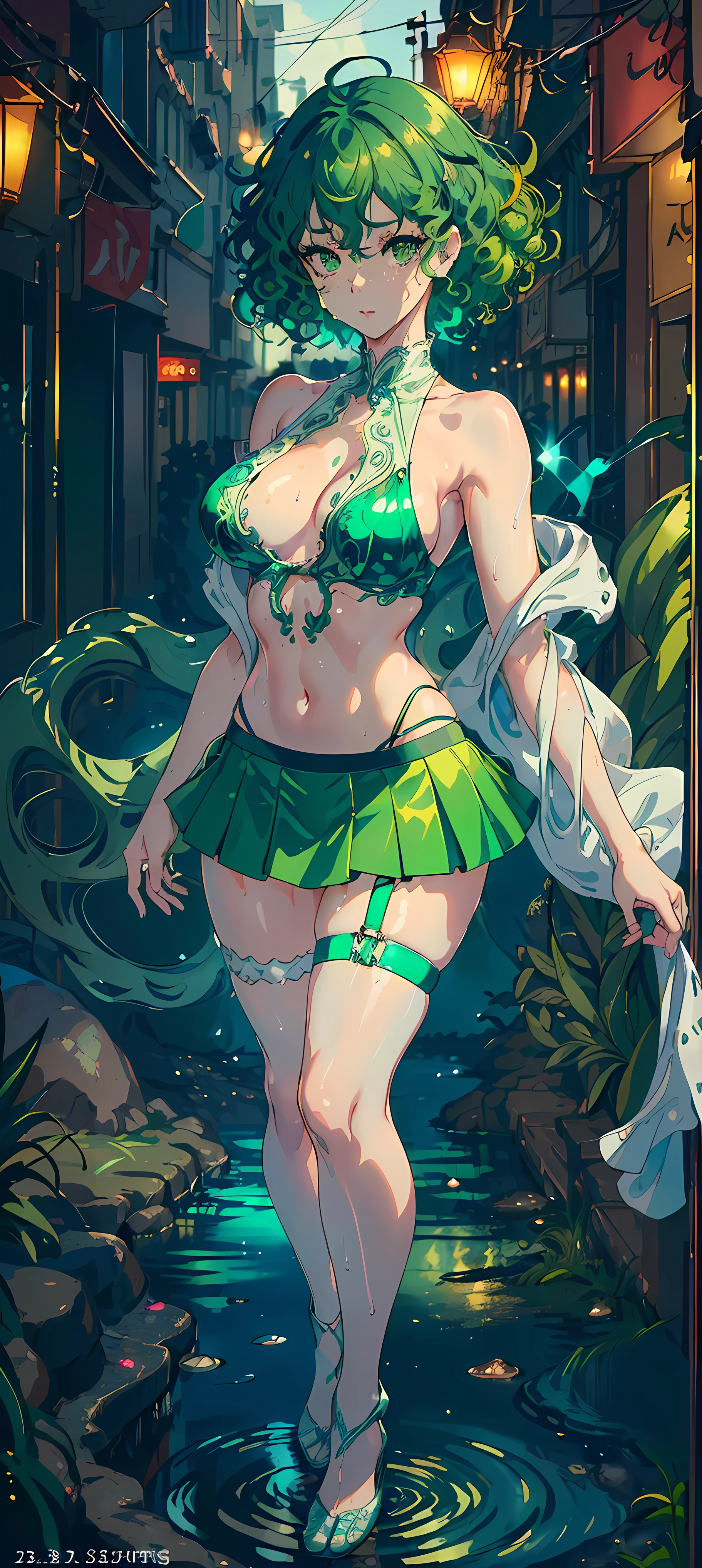 16K, HDR, UHD, RTX, ray tracing, illustration, award winning, beautiful girl youtuber,((extremely cute and beautiful green curly-haired girl),(short breasts:1.4),(((green curly hair:1.35,very curly hair,colored inner hair,ear breathing,short hair))),(((green_eyes:1.3))),intricate eyes,beautiful detailed eyes,symmetrical eyes,big eyes:1.3,((fat)),(((lustrous skin:1.5,bright skin: 1.5,shiny skin,very shiny skin,shiny body,plastic glitter skin,exaggerated shiny skin,illuminated skin,wet legs))),detailed body,(detailed face),cute,slutty,seductive,erotic,(((nsfw))),zettai ryouiki,revealing clothing,show skin,((rave mini-skirt,visible thong straps,white loose tank top with an anime art print)),((wet clothes,intricate outfit,intricate clothes)),(dynamic pose:1.0),embarrassed,(centered,scale to fit dimensions,Rule of thirds),cyberpunk city by the ocean at night, with bright neon signs and dark stormy clouds and puddles, scenery:1.25,artistic photography.