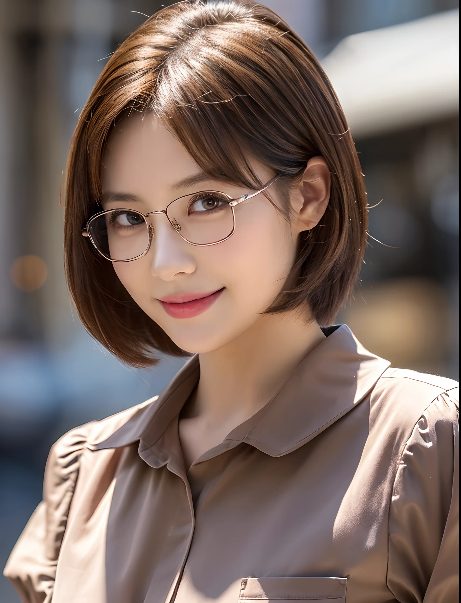 ((Beauty like a model)), ​masterpiece, The highest image quality, ultra-detailliert,  ((Perfect face+Brown hair)), Close up of, Short bob hair,Wolfcut,Viewer's Perspective, detailed hairs、Detailed eyes(realisticeyes),profetional lighting,middlebreasts,(Brown eyes),(slenderbody:1.2),adult lady,About 28 years old,glamor,kindly smile,Half Girl,Lashes,二重まぶた ,((7-minute sleeve shirt)),Square glasses with black rimming,
