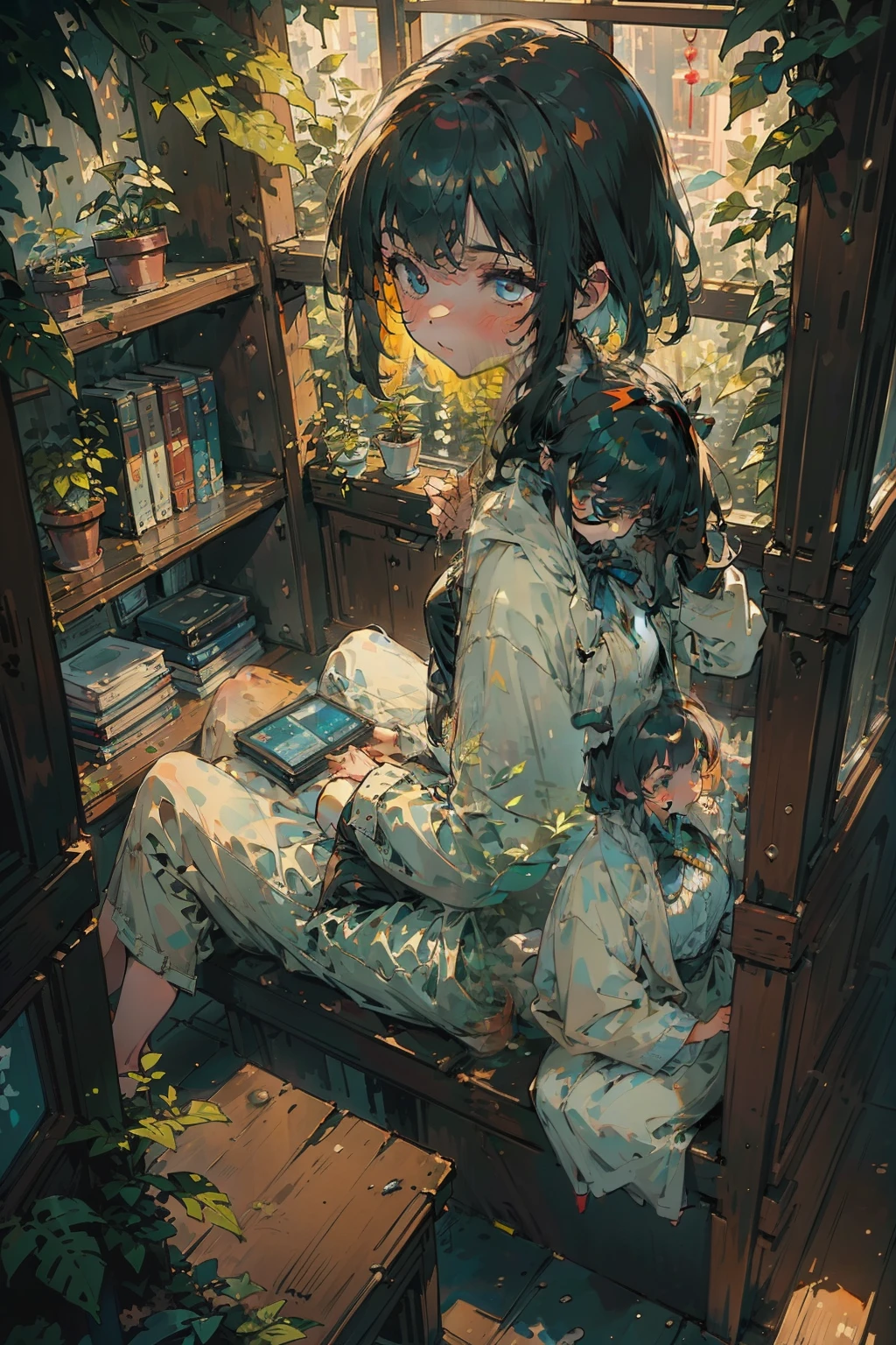 (masterpiece:1.3, best quality, ultra-detailed), (impressionism:1.3), 1girl, tall girl, from above, plant, black hair, lying, indoors, holding, long sleeves, long hair, stuffed toy, potted plant, book, food, window, phone, loaded interior, television, short hair, on back, stuffed animal, with a cat, slippers, barefoot, sitting, bookshelf, shelf, cable, computer