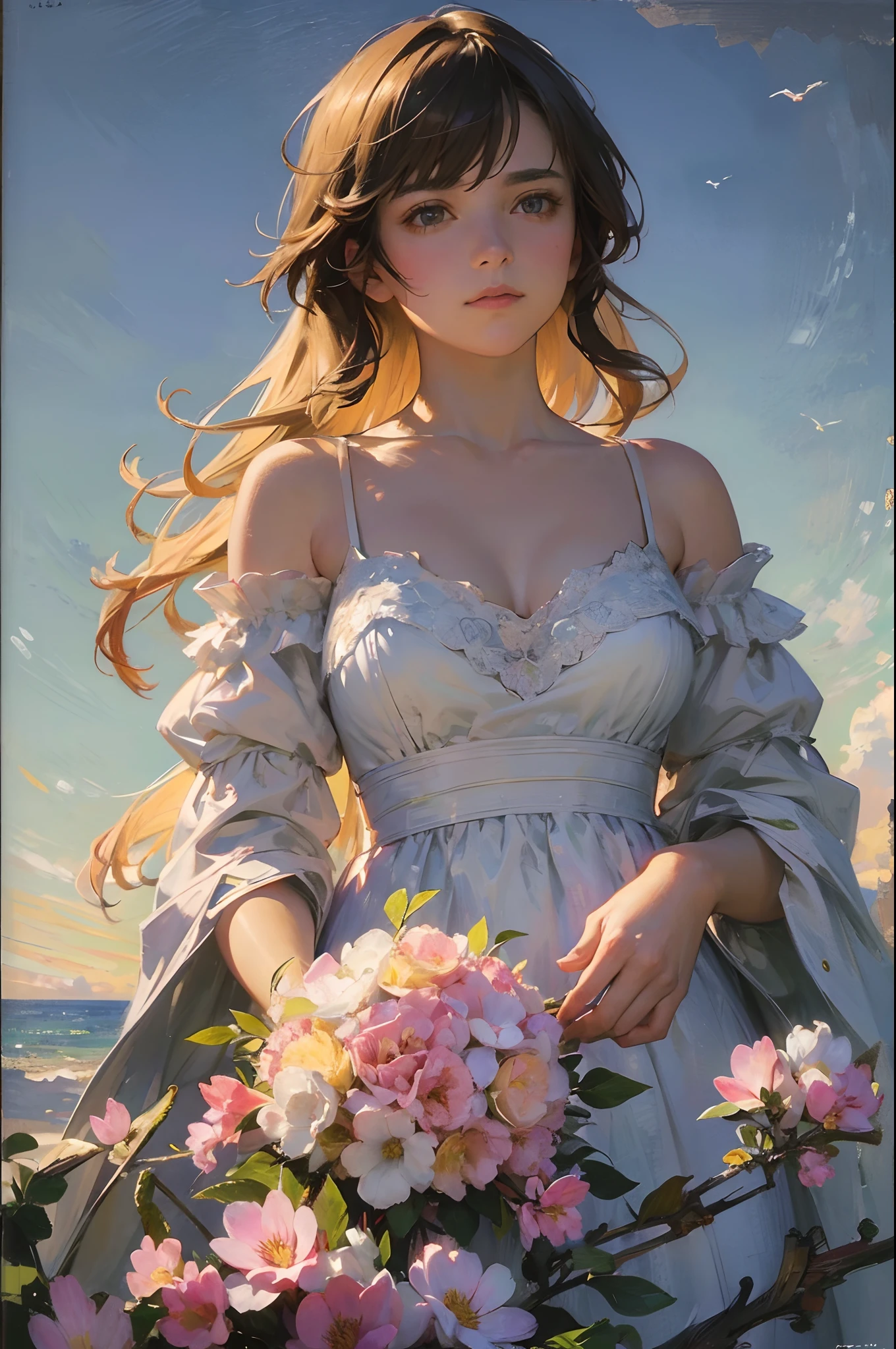 (32k ULTRAHD, Best quality, Masterpiece, ),Castle, Flowers, delicate scene, sky, White clouds, and sunlight shine on the snow-white beach. Birds, Pink flowers and bright large shells, diamond crystal, On the beach, fantasy, Night sky, Moon, Smoke, Fire, Photo, HD, 8K, hyper HD, Super detail, High quality, 1080p,Super detail, High details,Correct anatomy,Ultra photo realsisim, epic realistic, Faded, ((com cores neutras)), (hdr:1.5), (pastel colour:1.2), ultra - detailed, (Art Station:1.5), Cinematic, warm lights, Light effect, Dramaticlight, (Intricate details:1.1), the complex background, Rich gradients, Extreme colors, extreme hight detail, Clear light perception, Break,(Monet, Impresionismo, Oil painting), Correct anatomy,Detailed face, Detailed eyes,07,,