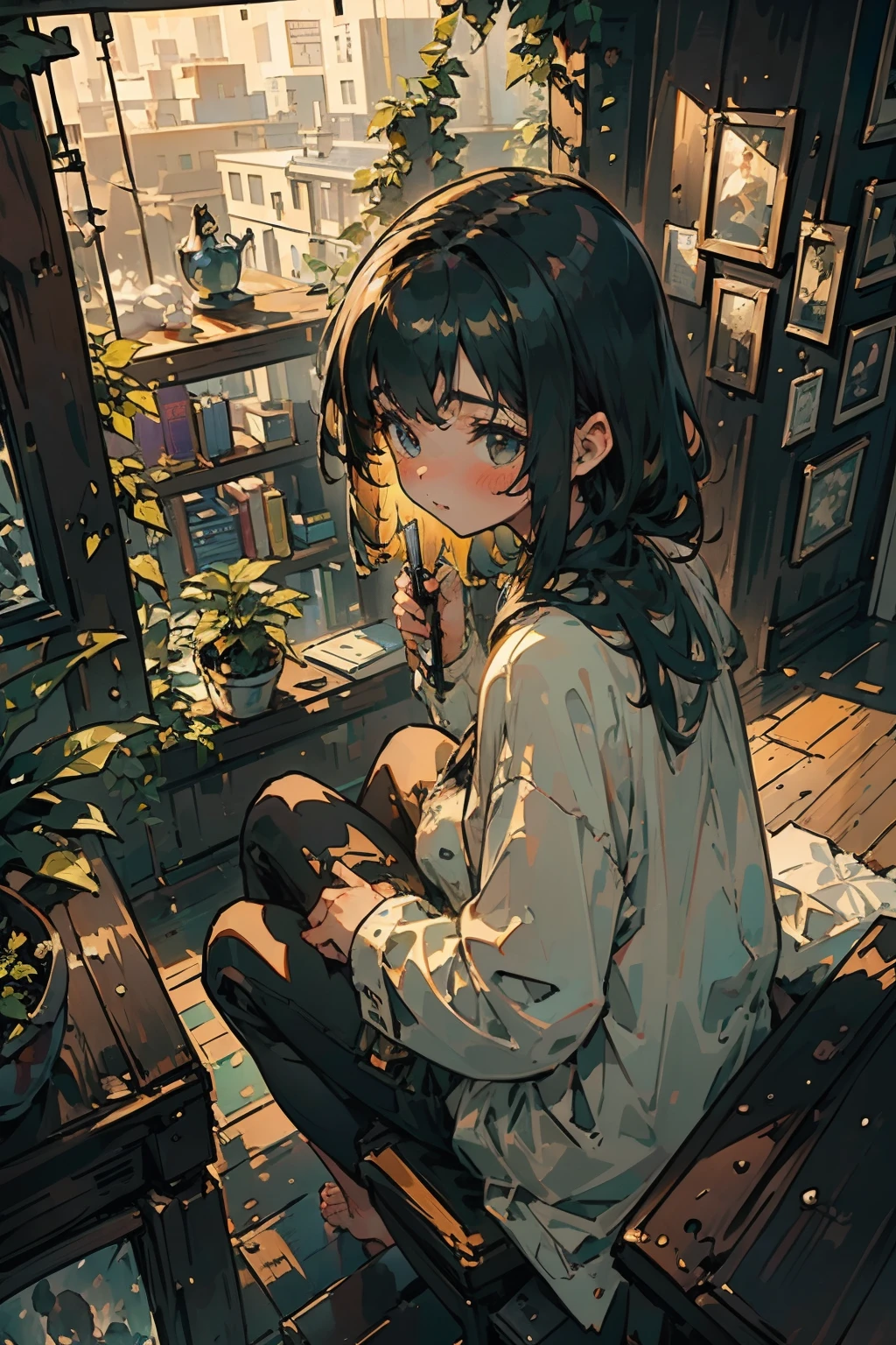 (masterpiece:1.3, best quality, ultra-detailed), (impressionism:1.3), 1girl, tall girl, from above, plant, black hair, lying, indoors, holding, long sleeves, long hair, stuffed toy, potted plant, book, food, window, phone, loaded interior, television, short hair, on back, stuffed animal, with a cat, slippers, barefoot, sitting, bookshelf, shelf, cable, computer