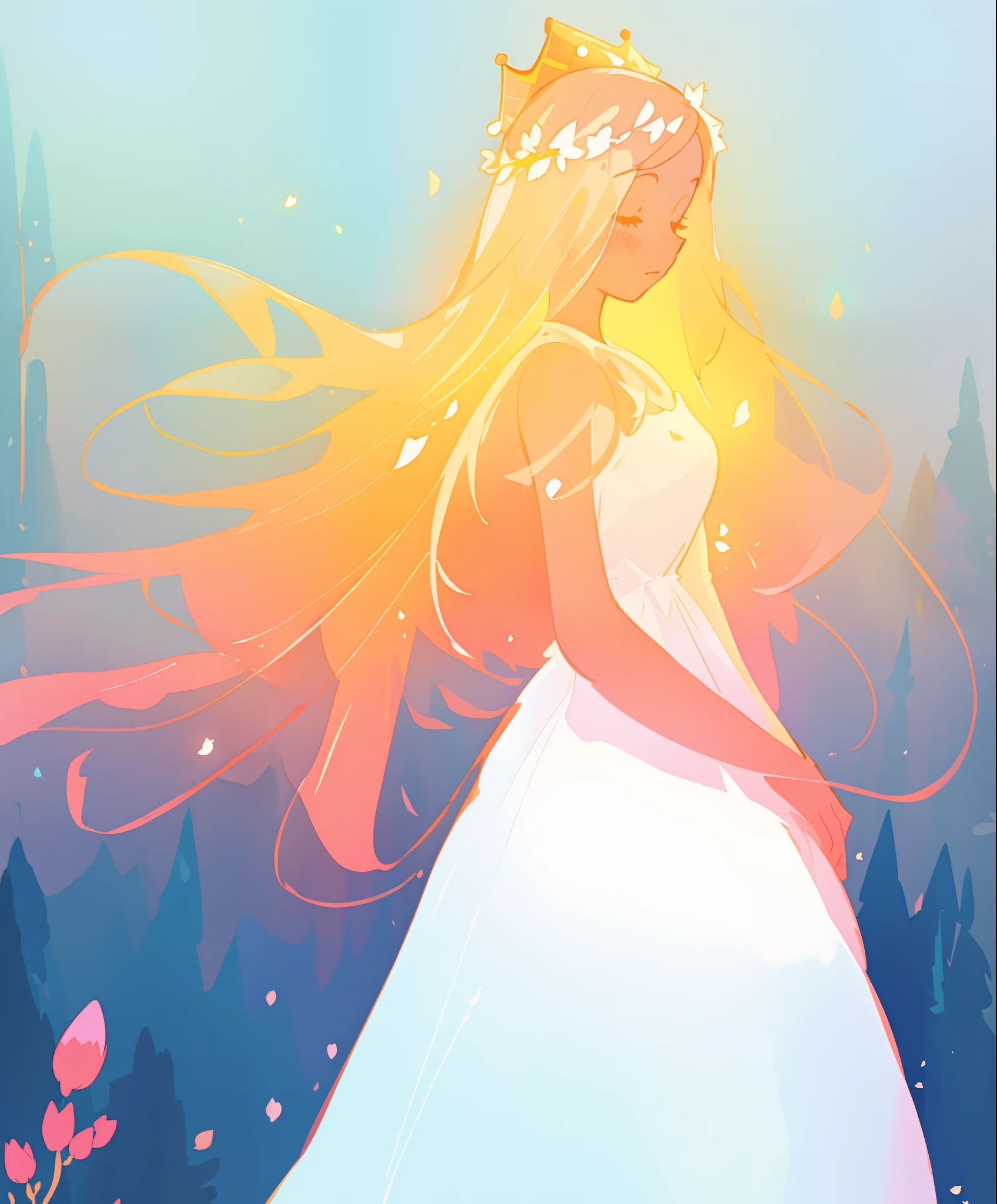 beautiful girl in white puffy ballgown, glowing ballgown, long gold peach hair, crown of delicate white flowers, colorful fantasia background, watercolor illustration, disney art style, glowing aura around her, glowing lights, beautiful digital illustration, fantasia otherworldly landscape plants flowers, beautiful, masterpiece, best quality, anime disney style