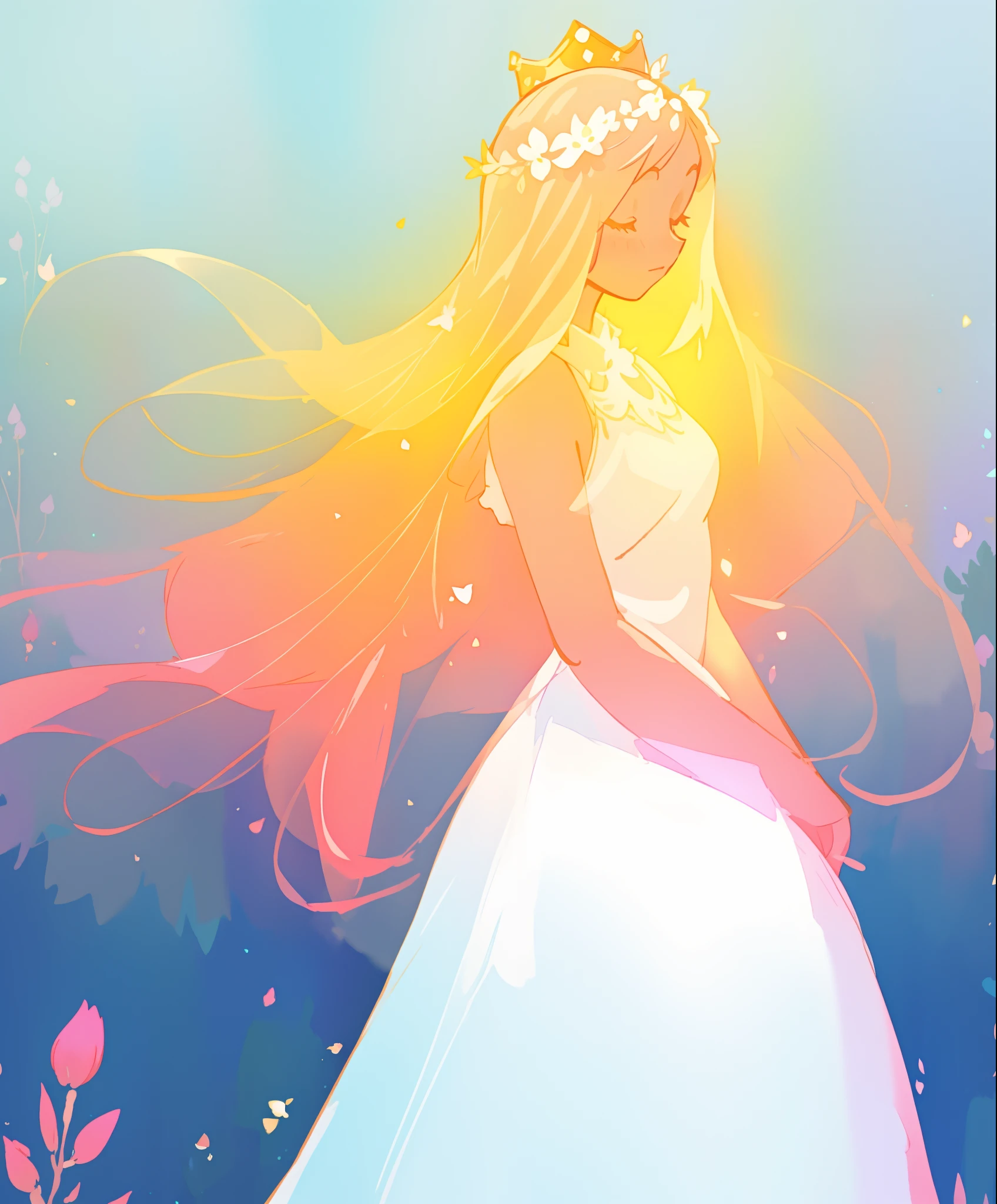 beautiful girl in white puffy ballgown, glowing ballgown, long gold peach hair, crown of delicate white flowers, colorful fantasia background, watercolor illustration, disney art style, glowing aura around her, glowing lights, beautiful digital illustration, fantasia otherworldly landscape plants flowers, beautiful, masterpiece, best quality, anime disney style
