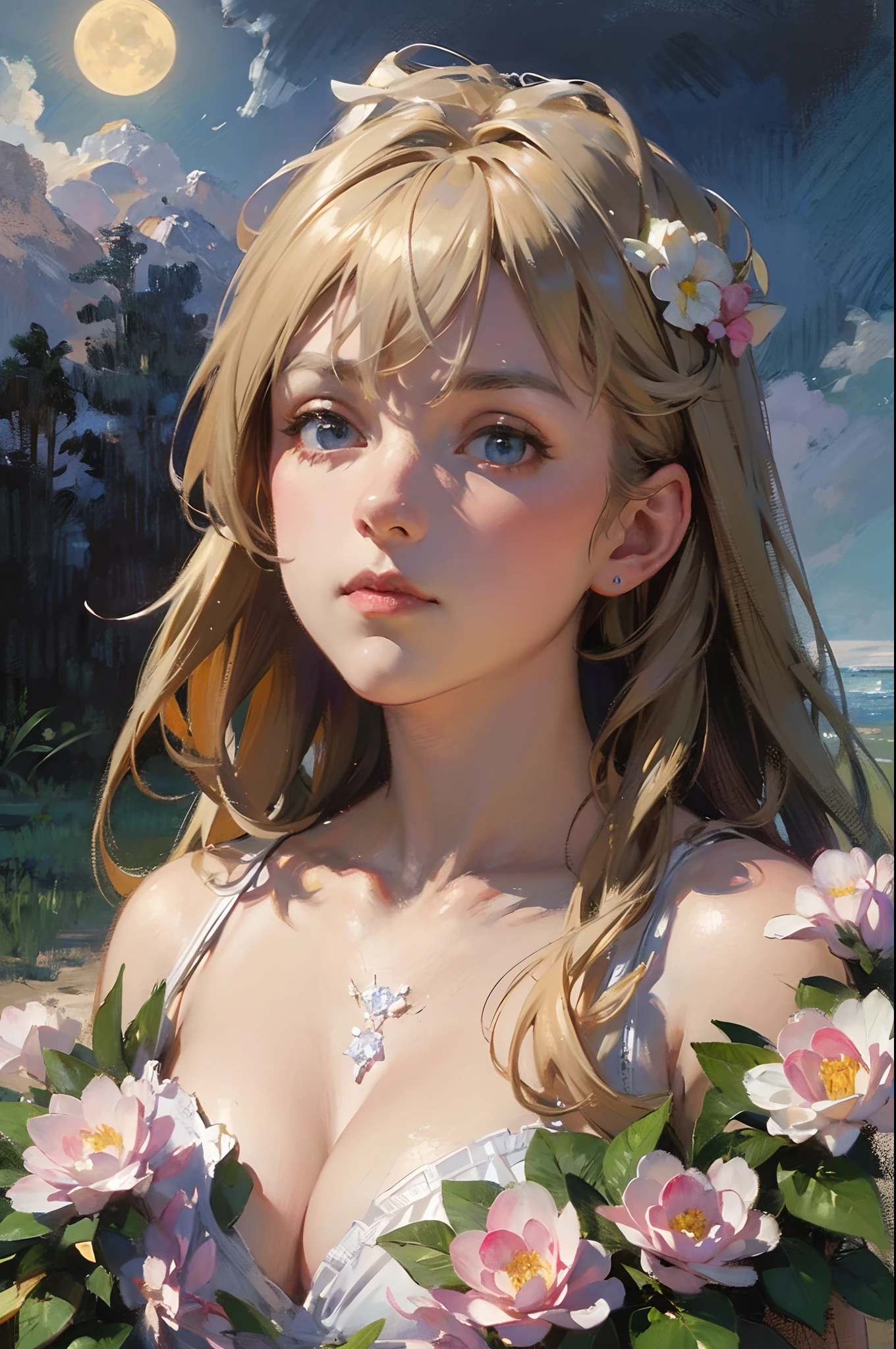 (32k ULTRAHD, Best quality, Masterpiece, ),Castle, Flowers, delicate scene, sky, White clouds, and sunlight shine on the snow-white beach. Birds, Pink flowers and bright large shells, diamond crystal, On the beach, fantasy, Night sky, Moon, Smoke, Fire, Photo, HD, 8K, hyper HD, Super detail, High quality, 1080p,Super detail, High details,Correct anatomy,Ultra photo realsisim, epic realistic, Faded, ((com cores neutras)), (hdr:1.5), (pastel colour:1.2), ultra - detailed, (Art Station:1.5), Cinematic, warm lights, Light effect, Dramaticlight, (Intricate details:1.1), the complex background, Rich gradients, Extreme colors, extreme hight detail, Clear light perception, Break,(Monet, Impresionismo, Oil painting), Correct anatomy,Detailed face, Detailed eyes,A02,,