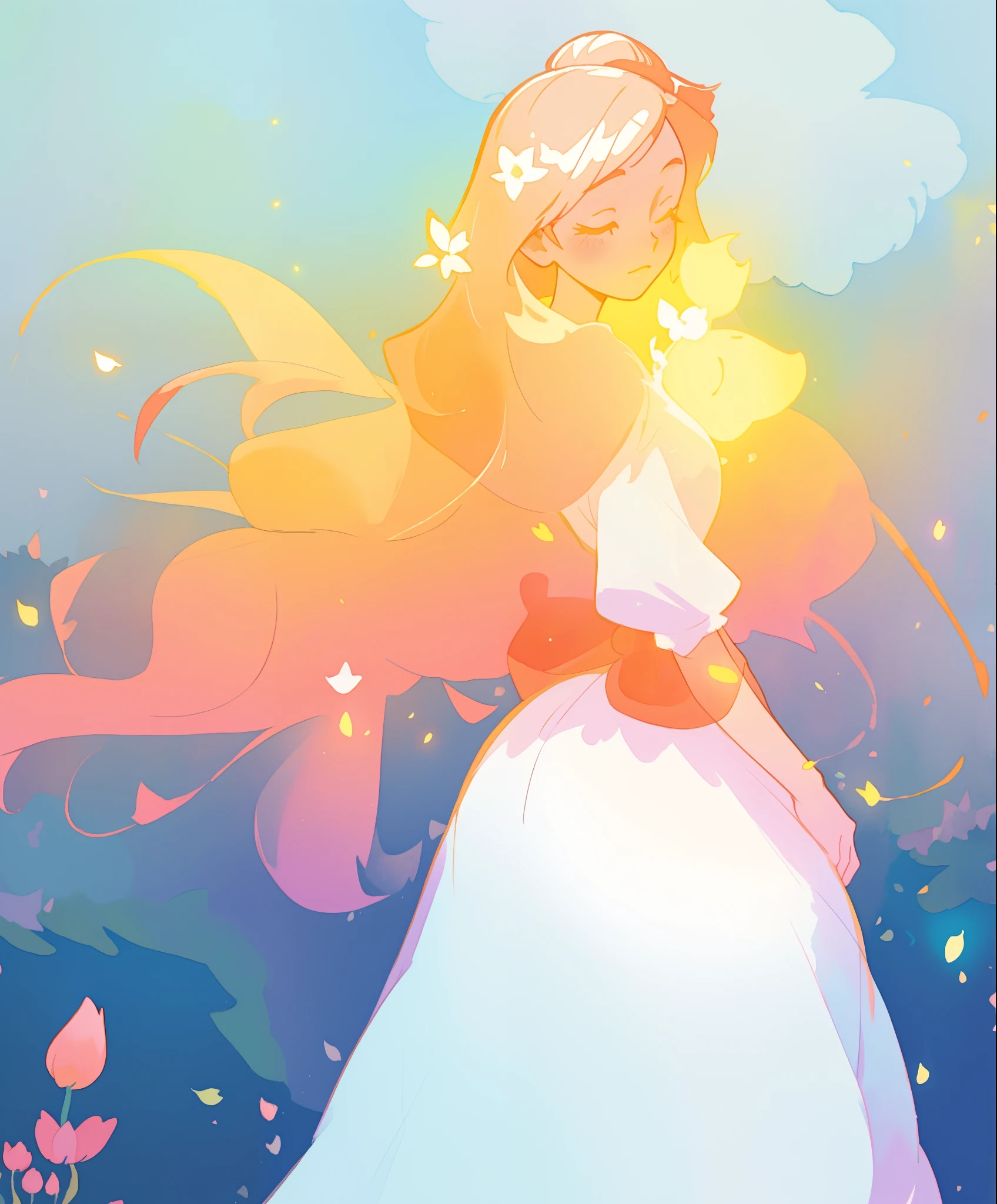 beautiful girl in white puffy ballgown, glowing ballgown, long gold peach hair, delicate white flowers on her head, colorful fantasia background, watercolor illustration, disney art style, glowing aura around her, glowing lights, beautiful digital illustration, fantasia otherworldly landscape plants flowers, beautiful, masterpiece, best quality, anime disney style