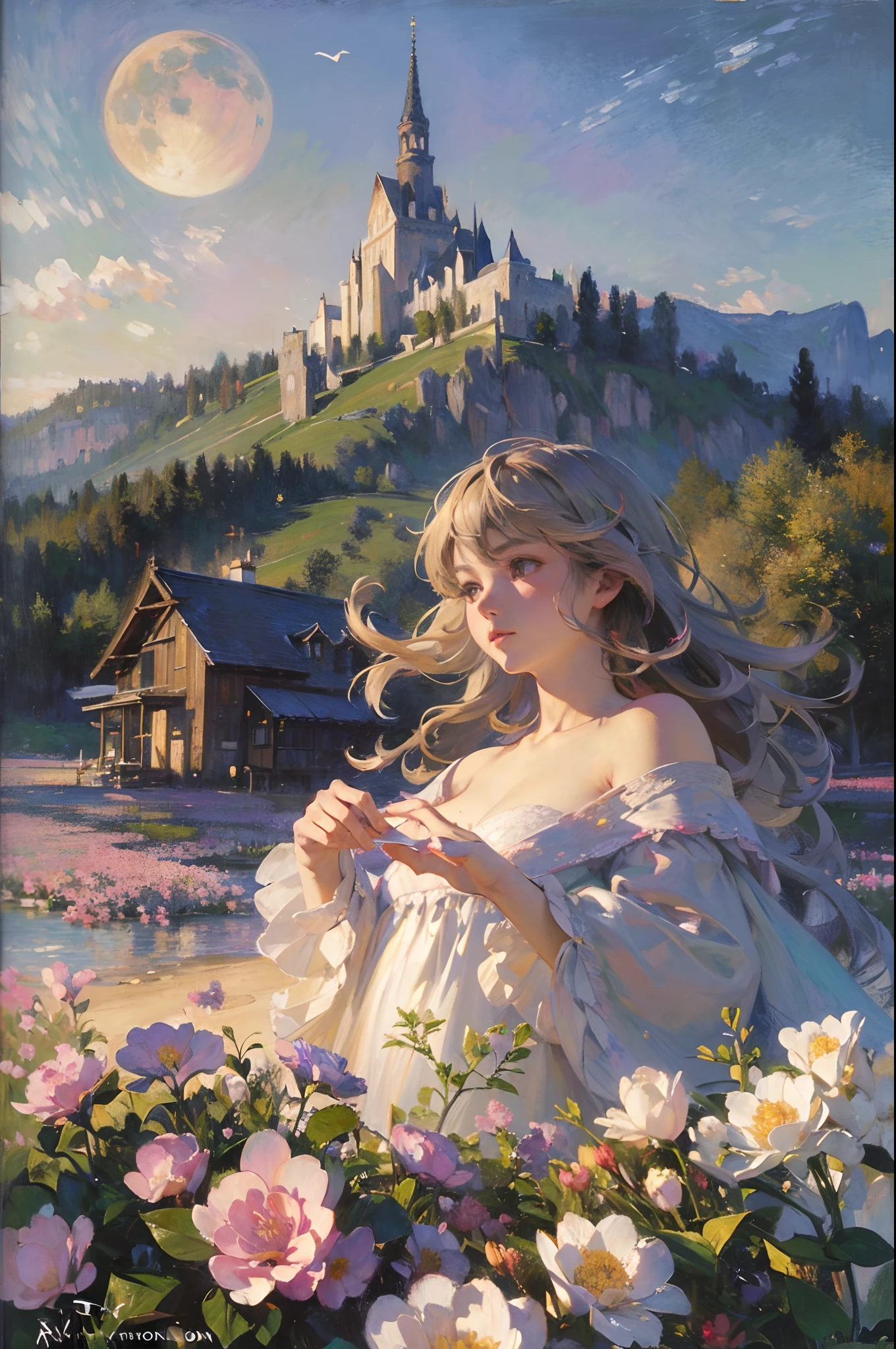 (32k ULTRAHD, Best quality, Masterpiece, ),Castle, Flowers, delicate scene, sky, White clouds, and sunlight shine on the snow-white beach. Birds, Pink flowers and bright large shells, diamond crystal, On the beach, fantasy, Night sky, Moon, Smoke, Fire, Photo, HD, 8K, hyper HD, Super detail, High quality, 1080p,Super detail, High details,Correct anatomy,Ultra photo realsisim, epic realistic, Faded, ((com cores neutras)), (hdr:1.5), (pastel colour:1.2), ultra - detailed, (Art Station:1.5), Cinematic, warm lights, Light effect, Dramaticlight, (Intricate details:1.1), the complex background, Rich gradients, Extreme colors, extreme hight detail, Clear light perception, Break,(Monet, Impresionismo, Oil painting), A01,,