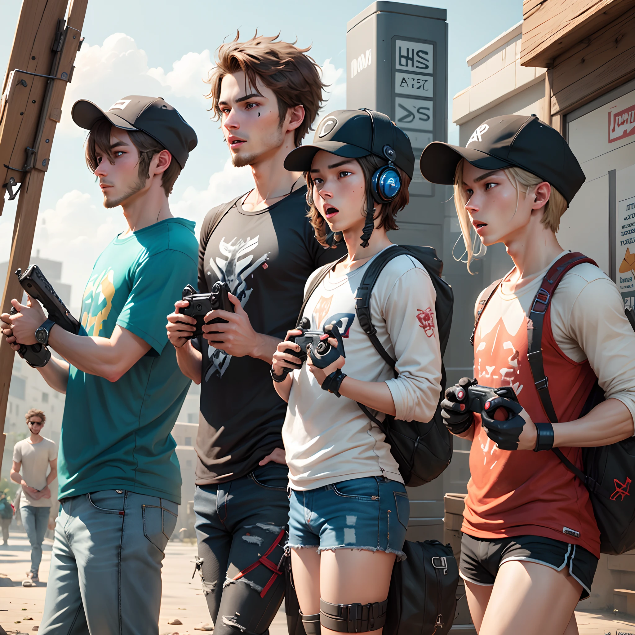 Four guys are playing video games