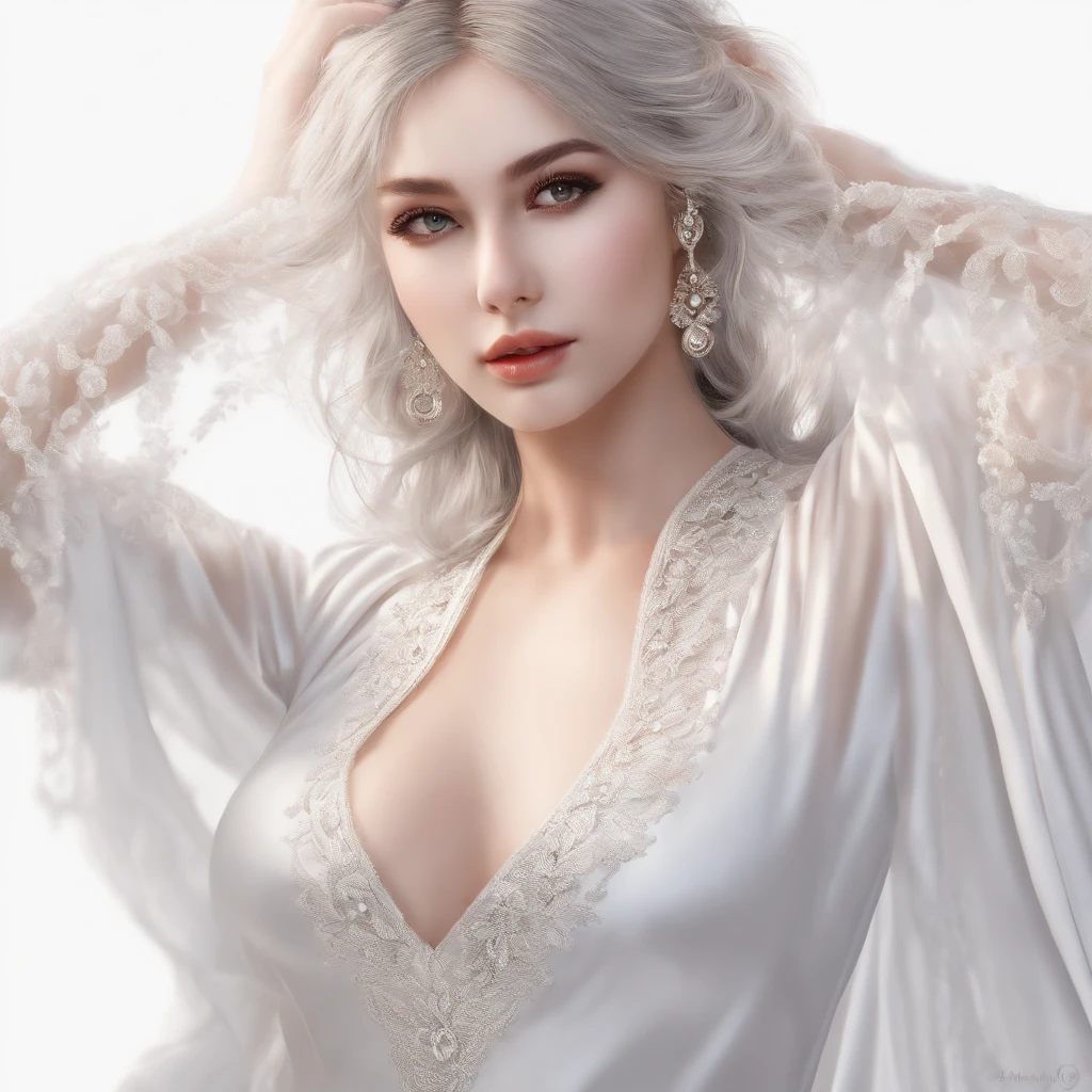 Nikon Z 85mm, ((best quality)) ((masterpiece)), intricate details, sharp focus, professional, photorealistic, real life, ultra realistic, photorealism,SILHOUETTE light,finely detail,best quality,extremely detailed CG unity 8k wallpaper,perfect artwork,upper body, shiny hair, glowing eyes, lustrous skin, realistic, perfect female figure, narrow waist, looking at viewer,lace,seductive posture, sexy pose, an extremely delicate and beautiful,best quality, beautiful detailed girl, beautiful detailed eyes,light on face,cinematic lighting,see-through,White pajamas, transparent material, revealing buttocks,a realistic representation of the face, (intricate details, makeup, (detailed beautiful delicate face, detailed beautiful delicate eyes, a face of perfect proportion, high detailed skin, detailed skin, best ratio four finger and one thumb, arms under breast, medium large breasts, smooth midriff, skiny and thin,fashion, solo ,(young), face highlight, upper body, detailed face, white skin, silver hair, ponytail, braid hair,big eyes, silk robe, (hollow pattern, silk), earrings, slim body, luxury room, professional lighting, tear robe,1 girl,Coiling hair