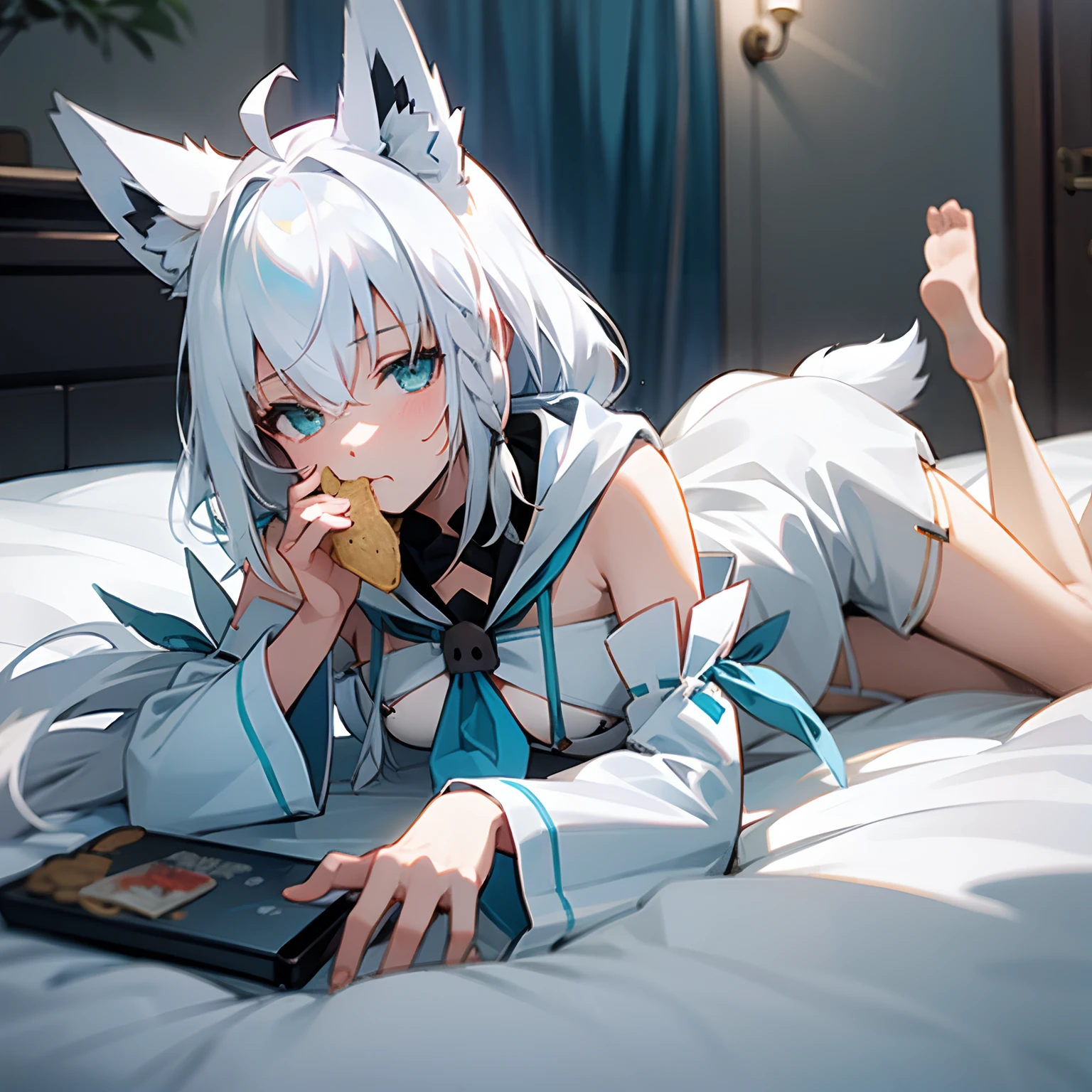 fubuki1, laying on the bed, eating chips, playing phone