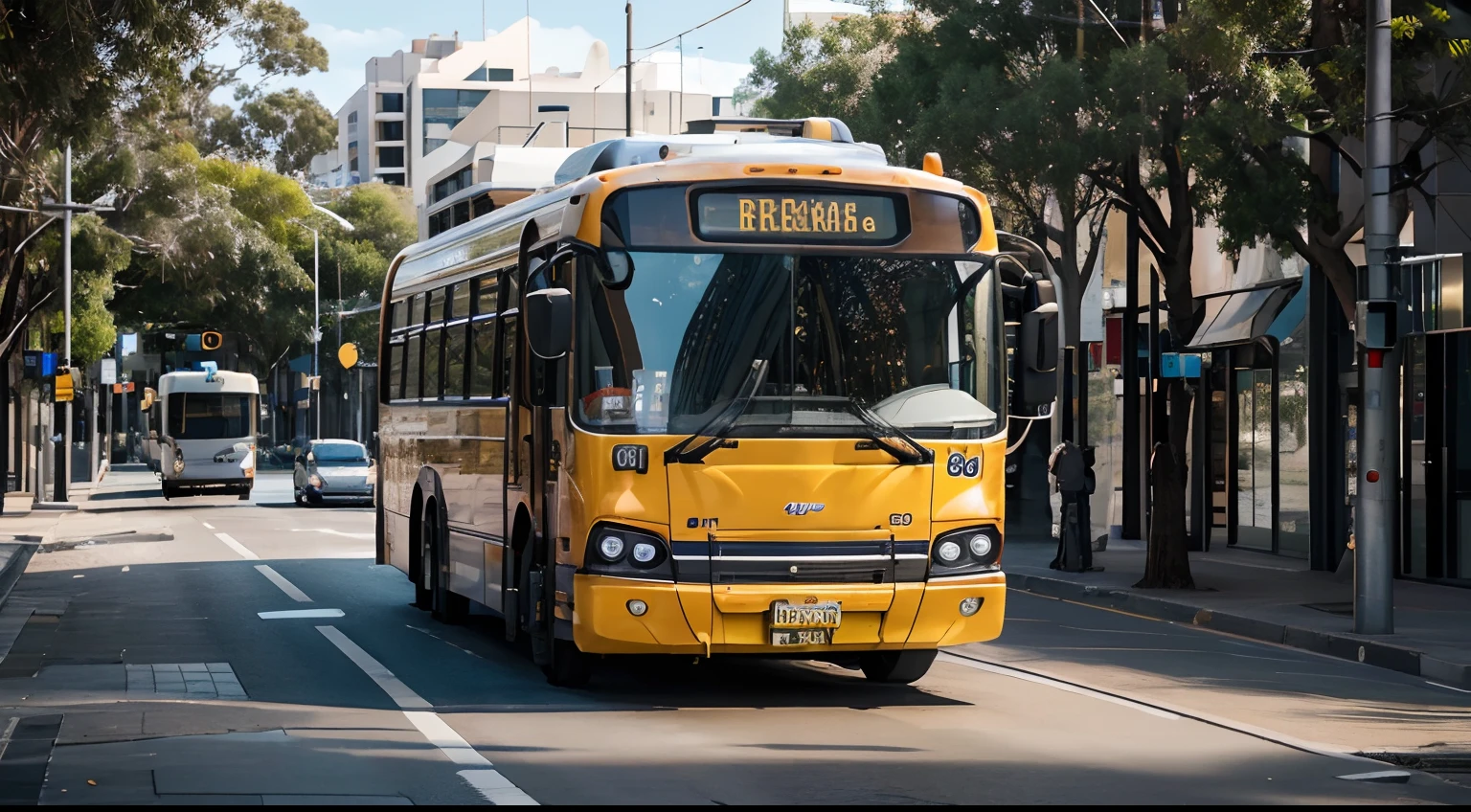 a hyper realistic photography of a bus in Perth, Western Australia, no people, Nikon D850 DSLR 4k camera, 100mm lens, F 1.2 aperture setting, bright and natural lighting, vibrant, fun and relaxing atmosphere