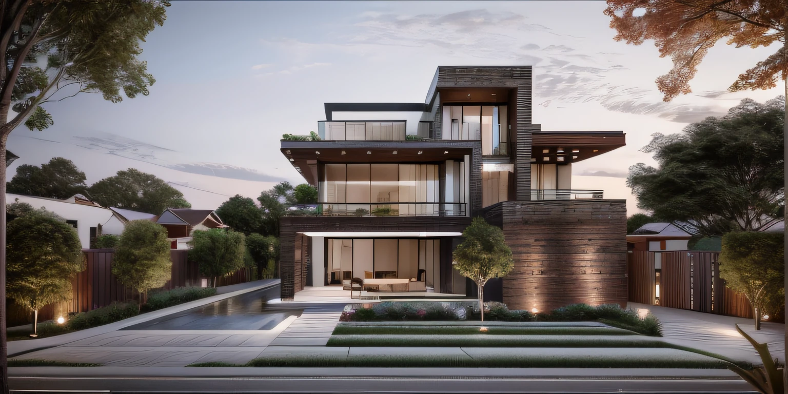 modernvilla, mabuilding, front, architecture, brick and metal, photo of a house, architecture, beautiful, masterpiece, best quality, super detailed, realistic, photorealistic, 8k, sharp focus