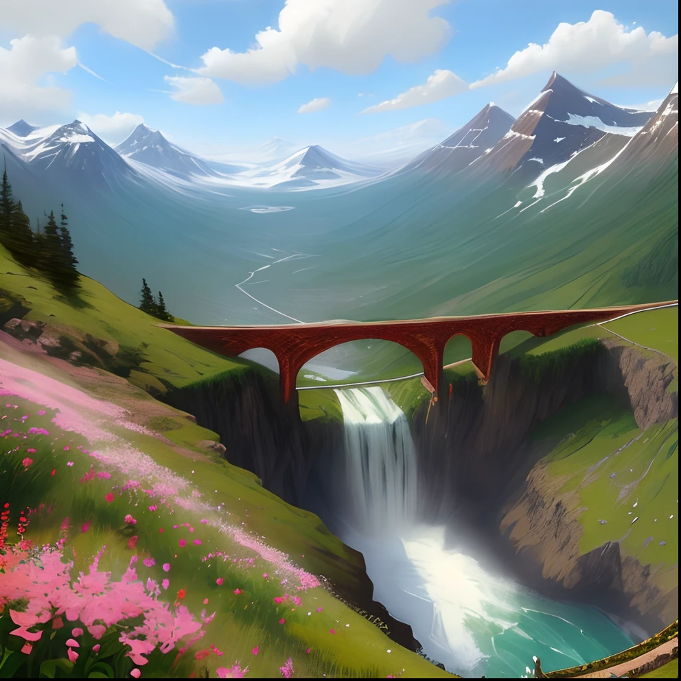 A large violin and violin bow
Mountain
Waterfall
Wood bridge
Flowers