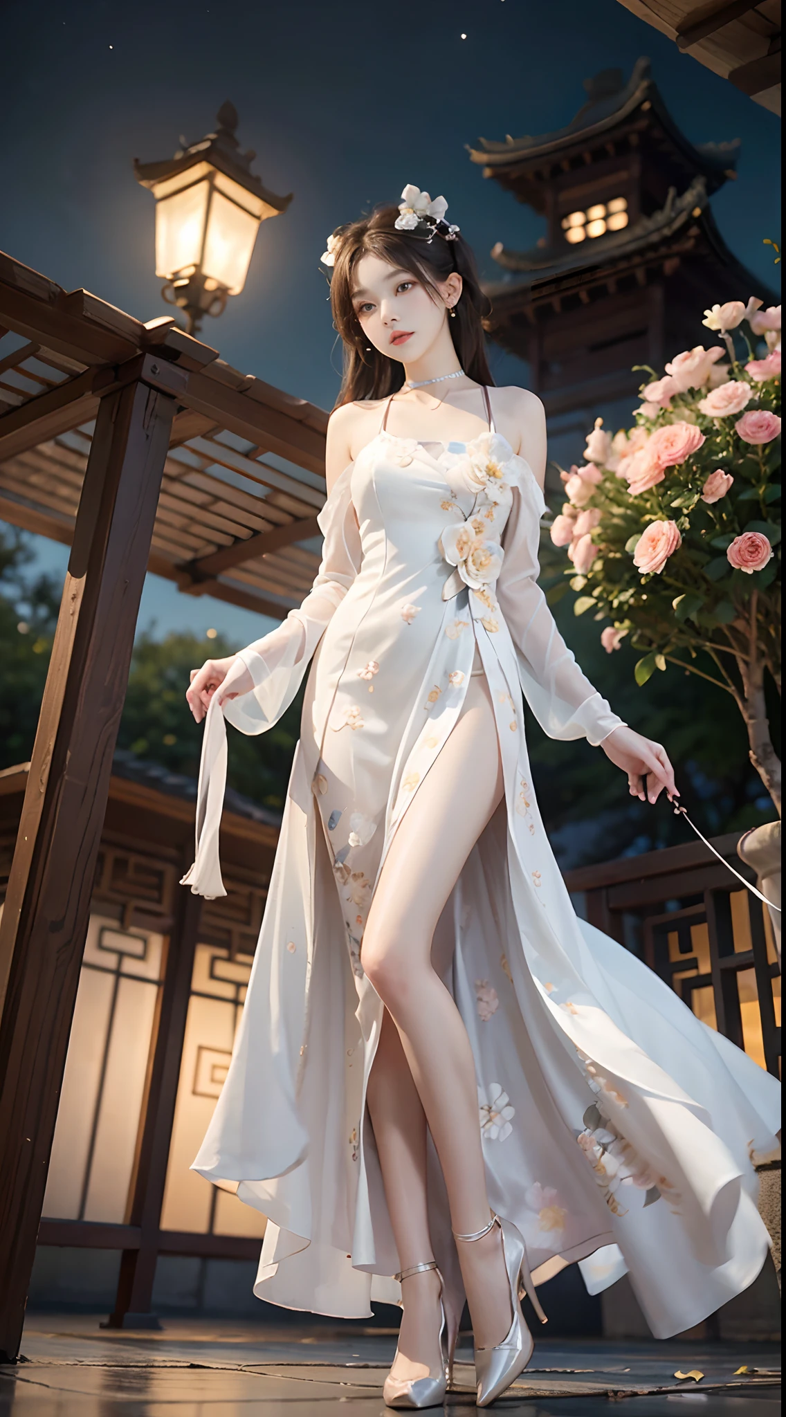 Chinese style，((cowboy shot)), ((from below)), brown  hair，Chinese outfit, Tang Feng Hanfu, Hanfu, (((White dress, Floral))), cropped shoulders，show legs, high-heels， outside, In the gazebo, standing on your feet, posing elegantly, Flirting skirts, slender leg, Delicate face, ((Clear face)), the night, rays of moonlight, a warm color palette, choker necklace, Hairpins, 耳Nipple Ring