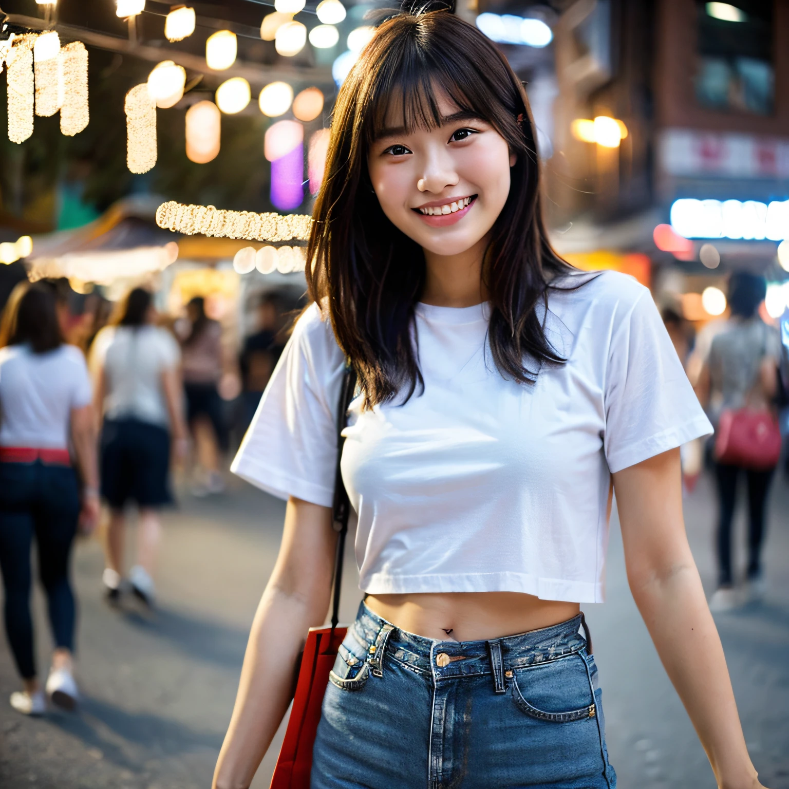 candid photo, 20-year-old, jeans, blank t-shirt, busy night market scene, shopping, small smile