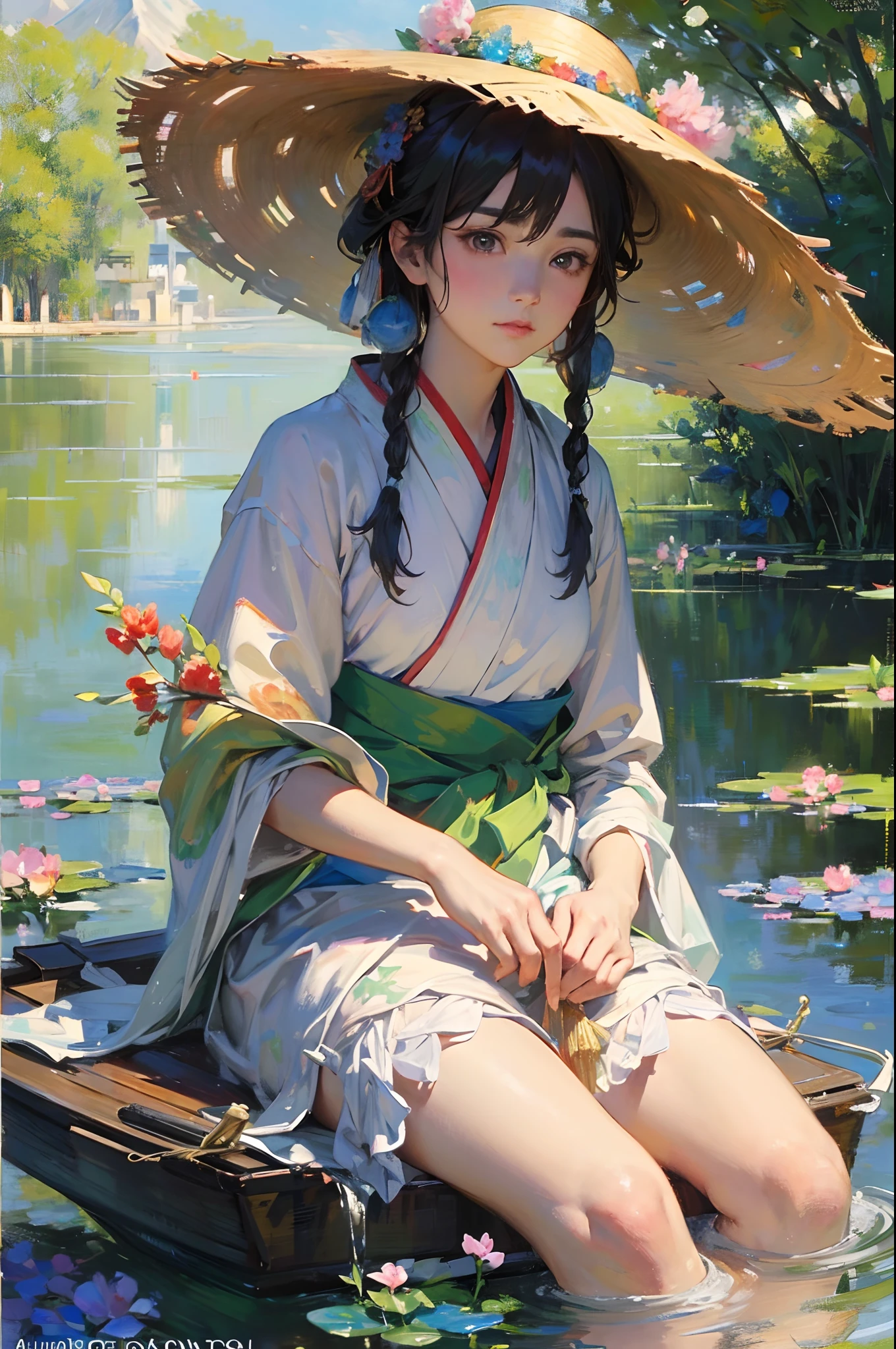 (32k ULTRAHD, Best quality, Masterpiece, )Alphad sitting on a boat in a straw hat, Cai Xukun, Hanfu, Chinese style, White Hanfu, Inspired by Bian Shoumin, inspired by Liu Jun, with acient chinese clothes, inspired by Huang Gongwang, inspired by Gu An, inspired by Chen Daofu, Inspired by Xiao Yuncong, inspired by Wu Bin,Super detail, High details,Correct anatomy,Ultra photo realsisim, fearsome, epic realistic, Faded, ((com cores neutras)), (hdr:1.5), (pastel colour:1.2), ultra - detailed, (Art Station:1.5), Cinematic, warm lights, Light effect, Dramaticlight, (Intricate details:1.1), the complex background, Rich gradients, Extreme colors, extreme hight detail, Clear light perception, Break,(Monet, Impresionismo, Oil painting), A01,,,
