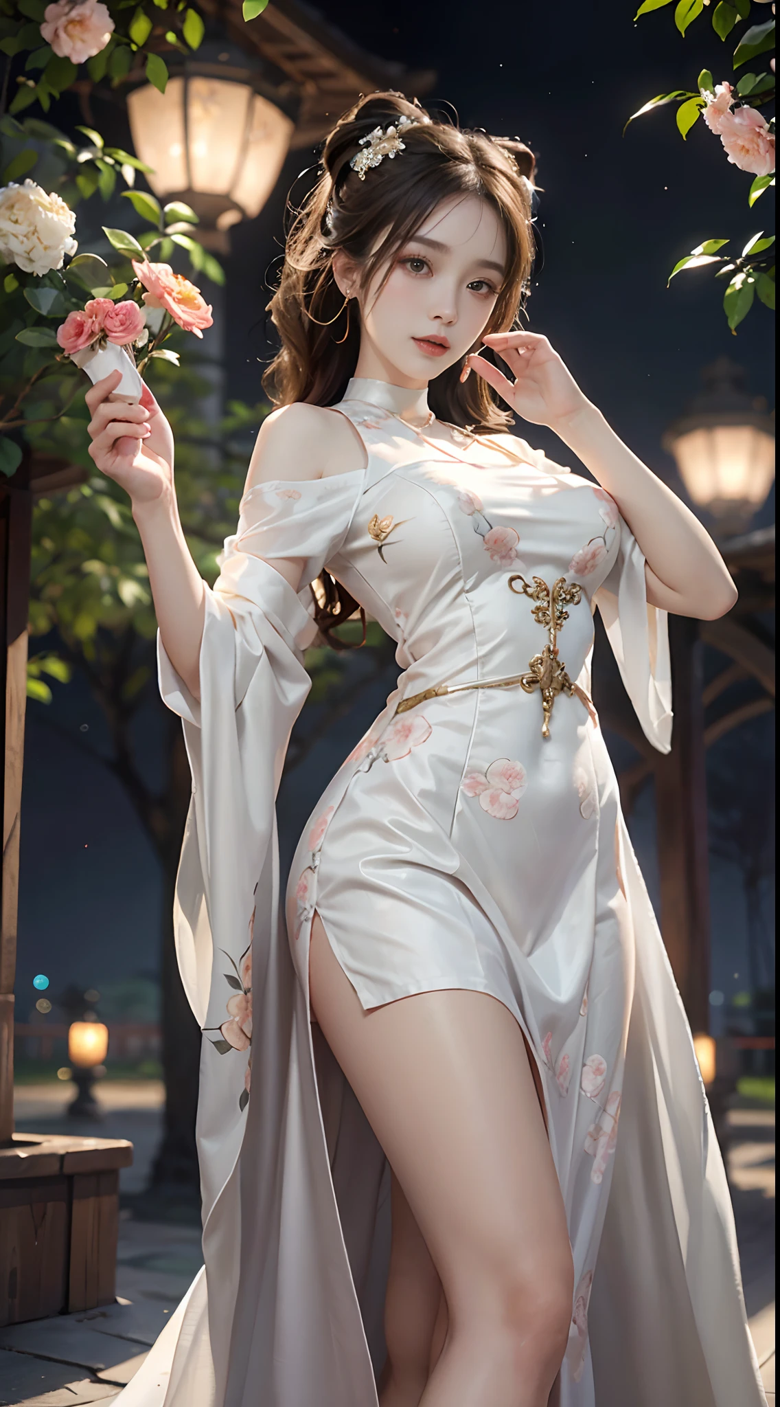 Chinese style,((cowboy shot)), ((from below)), brown hair,Chinese outfit, Tang Feng Hanfu, Hanfu, (((White dress, Floral))), cropped shoulders,show legs, high-heels, outside, In the gazebo, standing on your feet, posing elegantly, Flirting skirts, slender leg, Delicate face, ((Clear face)), the night, rays of moonlight, a warm color palette, choker necklace, Hairpins, 耳Nipple Ring