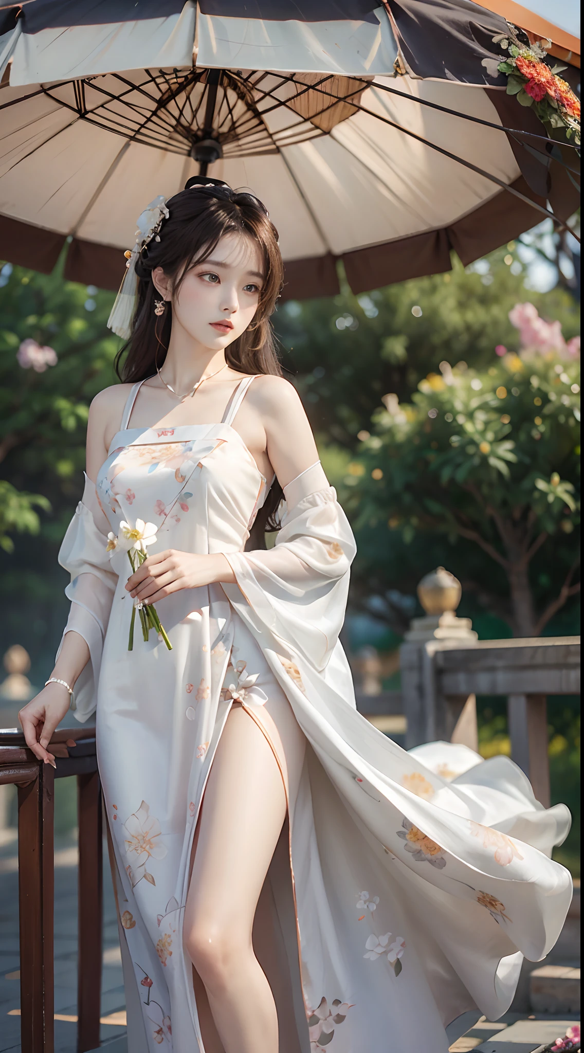 Chinese style,((cowboy shot)), ((from below)), brown hair,Chinese outfit, Tang Feng Hanfu, Hanfu, (((White dress, Floral))), cropped shoulders,show legs, high-heels, outside, In the gazebo, standing on your feet, posing elegantly, Flirting skirts, slender leg, Delicate face, ((Clear face)), the night, rays of moonlight, a warm color palette, choker necklace, Hairpins, 耳Nipple Ring