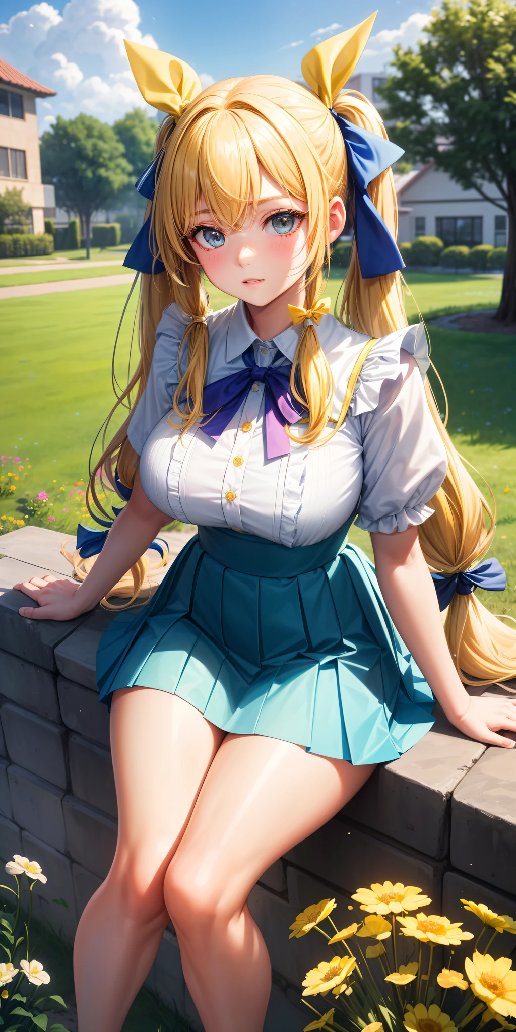 big breasts, ((1girl)), ((yellow blonde hair with blue streaks, long wavy hair with bangs)) (((long pigtails, ribbon bow)))) ((1girl, solo)) (( 25 years old)) turquoise eyes, has an extremely sexy body, with full breasts and a thin waist, and an extremely sexy body, pleated skirt with delicate fabric, has a bold look. young, quality, realistic, great quality, ((((perfect face)))) cute expression, soft lips, calm expression, absent-minded, park, grass garden in the distance, lying on delicate woven cloth, going home, flowers, day sunny, clouds, street, modern houses, wall, creepers