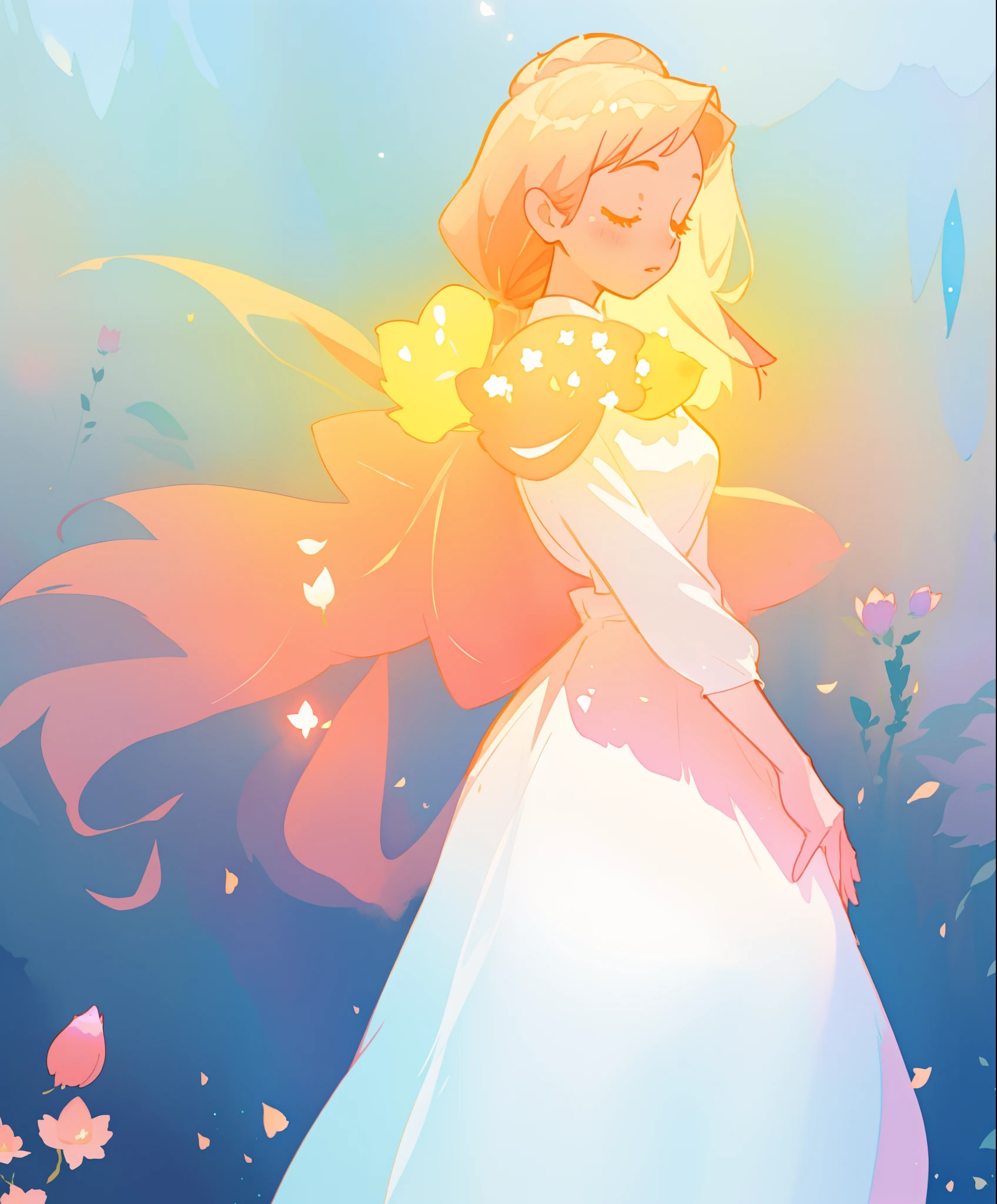 beautiful girl in white puffy ballgown, glowing ballgown, long gold peach hair, delicate white flowers on her head, colorful fantasia background, watercolor illustration, disney art style, glowing aura around her, glowing lights, beautiful digital illustration, fantasia otherworldly landscape plants flowers, beautiful, masterpiece, best quality, anime disney style
