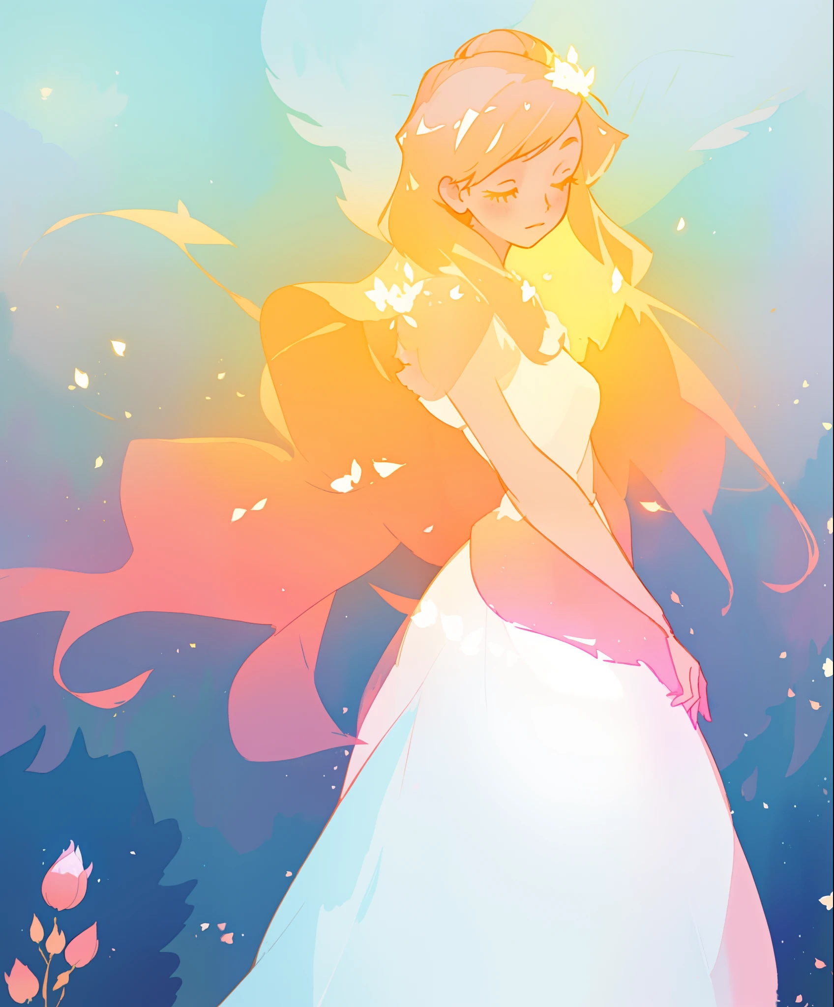 beautiful girl in white puffy ballgown, glowing ballgown, long gold peach hair, delicate white flowers on her head, colorful fantasia background, watercolor illustration, disney art style, glowing aura around her, glowing lights, beautiful digital illustration, fantasia otherworldly landscape plants flowers, beautiful, masterpiece, best quality, anime disney style
