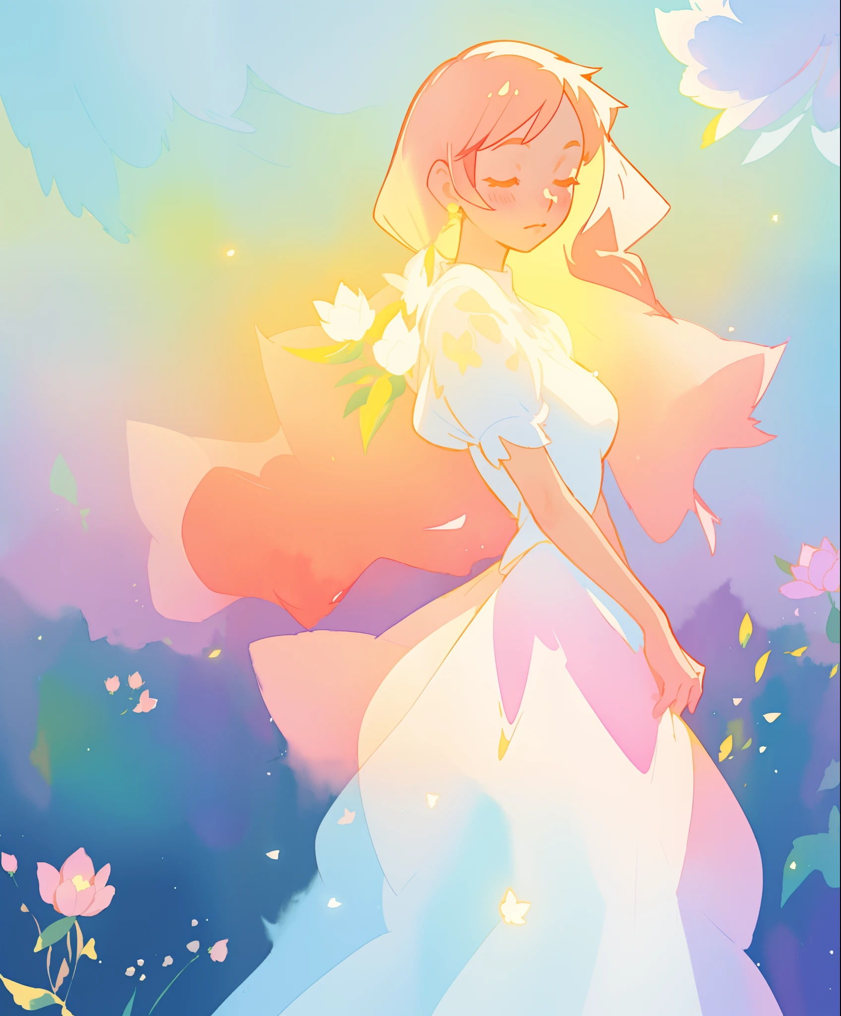 beautiful girl in white puffy ballgown, glowing ballgown, long gold peach hair, delicate white flowers in her hair, colorful fantasia background, watercolor illustration, disney art style, glowing aura around her, glowing lights, beautiful digital illustration, fantasia otherworldly landscape plants flowers, beautiful, masterpiece, best quality, anime disney style