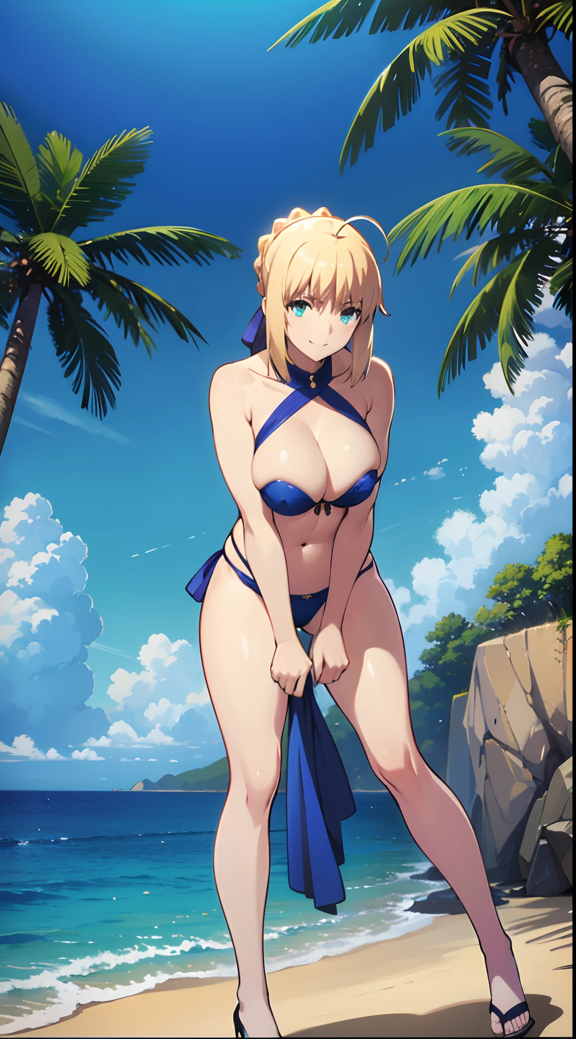 NSFW、(Best Quality, masutepiece, 超A high resolution,Photorealsitic、Official art,top-quality、Beautiful CG,), Sunny Beach、artoria、NSFW,maikurobikini、Colossal tits、kindly smile、Smile embarrassedly、Sleeveless、Chignon Hairstyles、