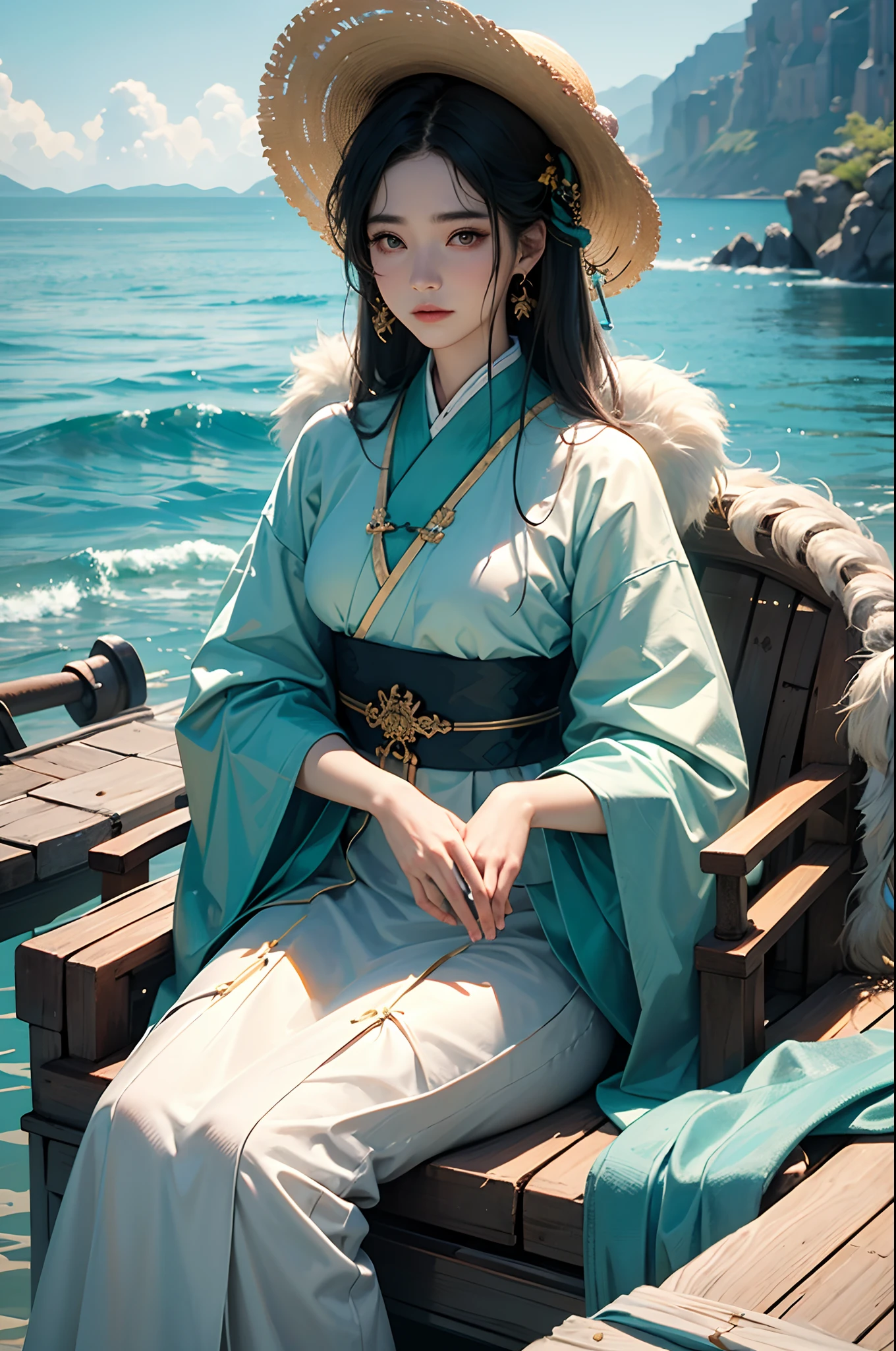 （32k ULTRAHD, Best quality, Masterpiece, ）Alphad sitting on a boat in a straw hat, Cai Xukun, Hanfu, Chinese style, White Hanfu, Inspired by Bian Shoumin, inspired by Liu Jun, with acient chinese clothes, inspired by Huang Gongwang, inspired by Gu An, inspired by Chen Daofu, Inspired by Xiao Yuncong, inspired by Wu Bin，Super detail, High details，Correct anatomy，Ultra photo realsisim, fearsome, epic realistic, Faded, ((com cores neutras)), (hdr:1.5), (pastel colour:1.2), ultra - detailed, (Art Station:1.5), Cinematic, warm lights, Light effect, Dramaticlight, (Intricate details:1.1), the complex background, (greg rutkovsky:0.8), (Teal and orange:0.3），a01