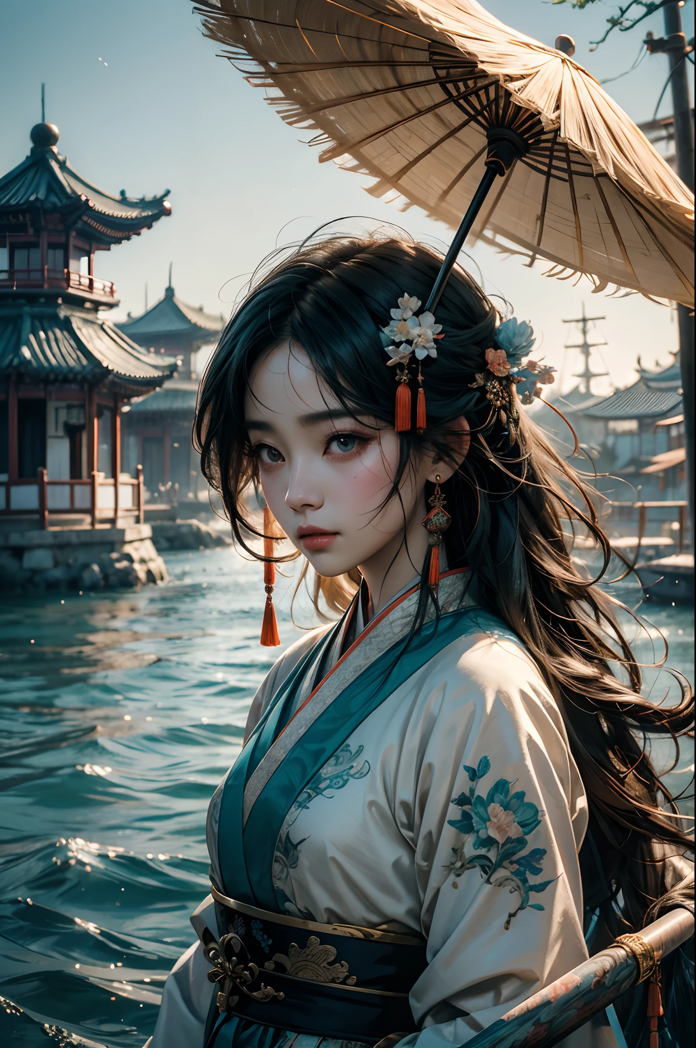 （32k ULTRAHD, Best quality, Masterpiece, ）Alphad sitting on a boat in a straw hat, Cai Xukun, Hanfu, Chinese style, White Hanfu, Inspired by Bian Shoumin, inspired by Liu Jun, with acient chinese clothes, inspired by Huang Gongwang, inspired by Gu An, inspired by Chen Daofu, Inspired by Xiao Yuncong, inspired by Wu Bin，Super detail, High details，Correct anatomy，Ultra photo realsisim, fearsome, epic realistic, Faded, ((com cores neutras)), (hdr:1.5), (pastel colour:1.2), ultra - detailed, (Art Station:1.5), Cinematic, warm lights, Light effect, Dramaticlight, (Intricate details:1.1), the complex background, (greg rutkovsky:0.8), (Teal and orange:0.3），a02