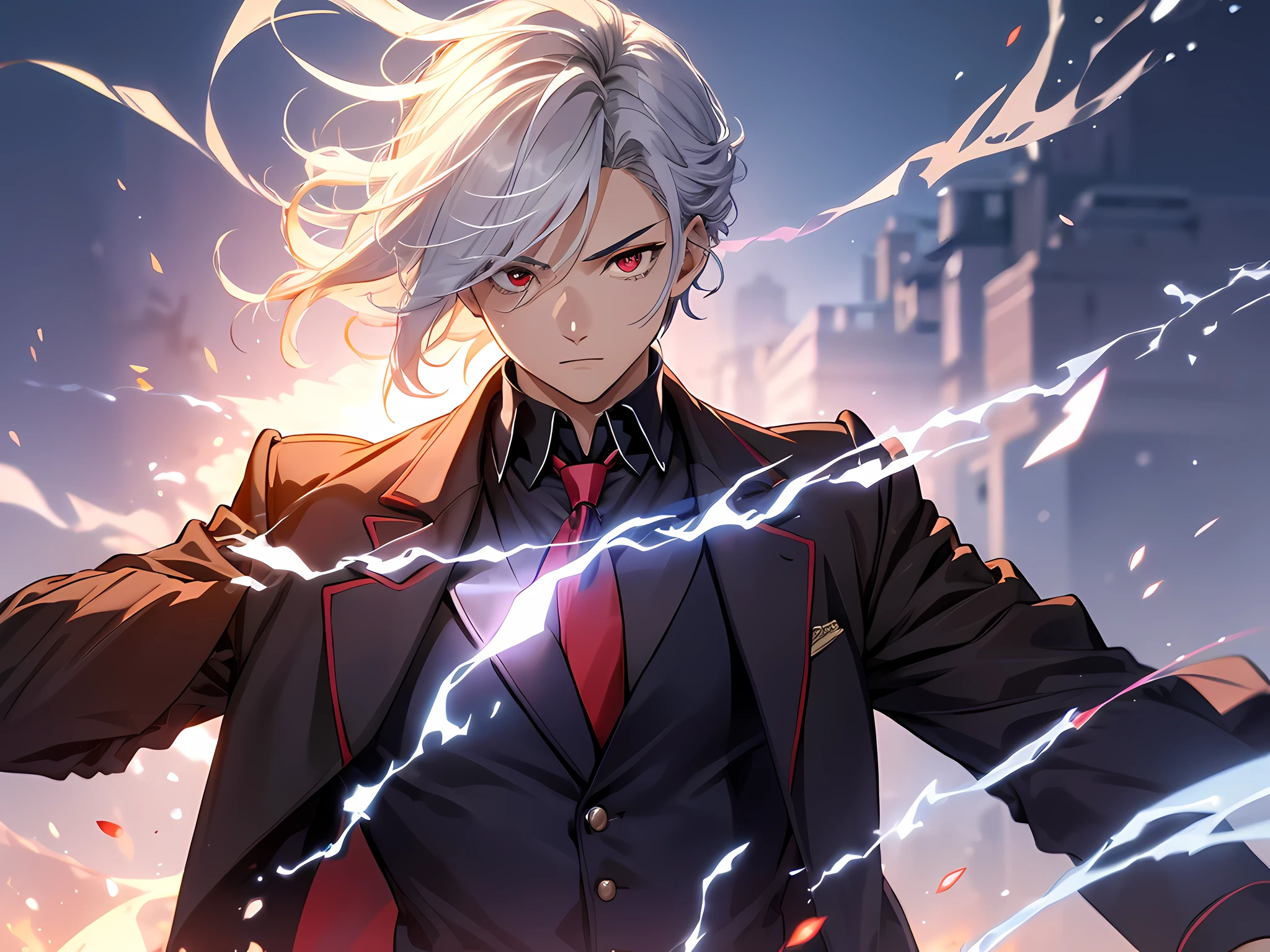 (ultra-detailed, perfect pixel, highres, best quality, beautiful eyes finely detailed), 19 years old anime boy, short raven hair, wavy hair, parted bangs, gray hair, gradient hair color, there is many blue lightning swirling around his body (transparent:0.7), showing his over power aura (dangerous and terry aura), dangerous, he holding a magical sword, magus, red eyes, long black coat, black shirt, ((neckwear, long tie)), black skirt, aristocrat, noble attire, beautiful, ethereal, elegant, prestigious, realistic fire, the background is full of magical particles and realistic blue fire. lens flare, glowing light, reflection light, motion blur, 8k, super detail, ccurate, best quality, Ray tracing.