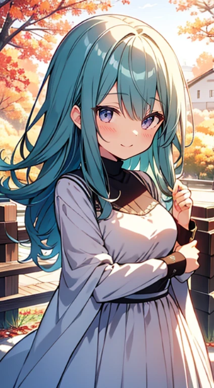 masutepiece, Best Quality,Illustration, Wallpaper, ultra -detail, Absurd beauty, 1beautiful girl、Bright hair color、Glitter and big eyes、Hair fluttering in the wind、ample breasts、♡、Smaller head、Autumn landscape、miscievous smile