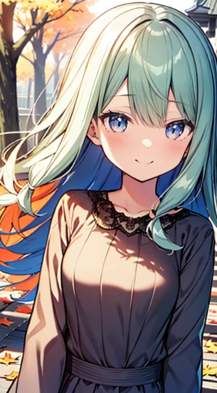 masutepiece, Best Quality,Illustration, Wallpaper, ultra -detail, Absurd beauty, 1beautiful girl、Bright hair color、Glitter and big eyes、Hair fluttering in the wind、ample breasts、♡、Smaller head、Autumn landscape、miscievous smile