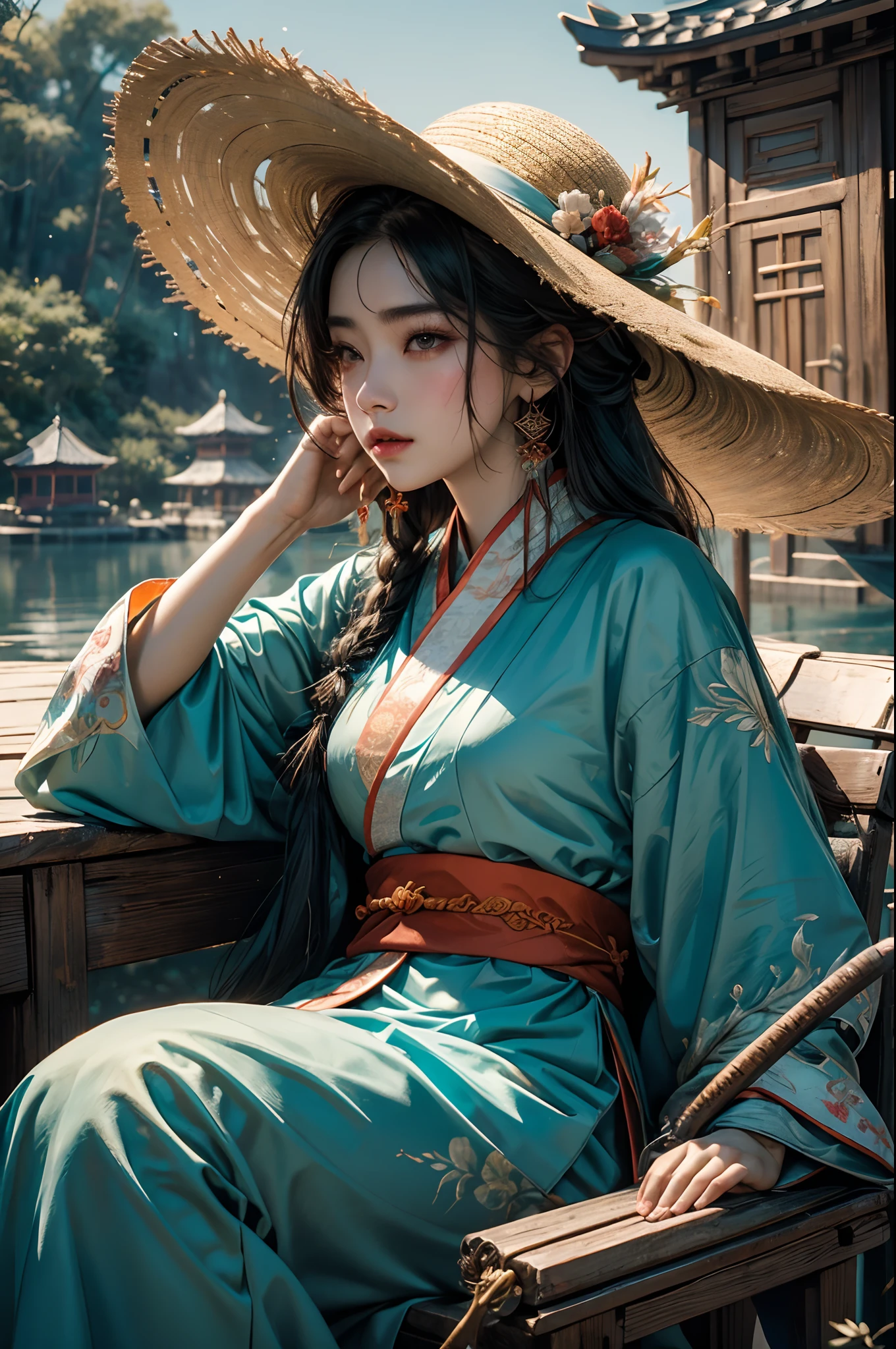 (32k ULTRAHD, Best quality, Masterpiece, )Alphad sitting on a boat in a straw hat, Cai Xukun, Hanfu, Chinese style, White Hanfu, Inspired by Bian Shoumin, inspired by Liu Jun, with acient chinese clothes, inspired by Huang Gongwang, inspired by Gu An, inspired by Chen Daofu, Inspired by Xiao Yuncong, inspired by Wu Bin,Super detail, High details,Correct anatomy,Ultra photo realsisim, fearsome, epic realistic, Faded, ((com cores neutras)), (hdr:1.5), (pastel colour:1.2), ultra - detailed, (Art Station:1.5), Cinematic, warm lights, Light effect, Dramaticlight, (Intricate details:1.1), the complex background, (greg rutkovsky:0.8), (Teal and orange:0.3),a02