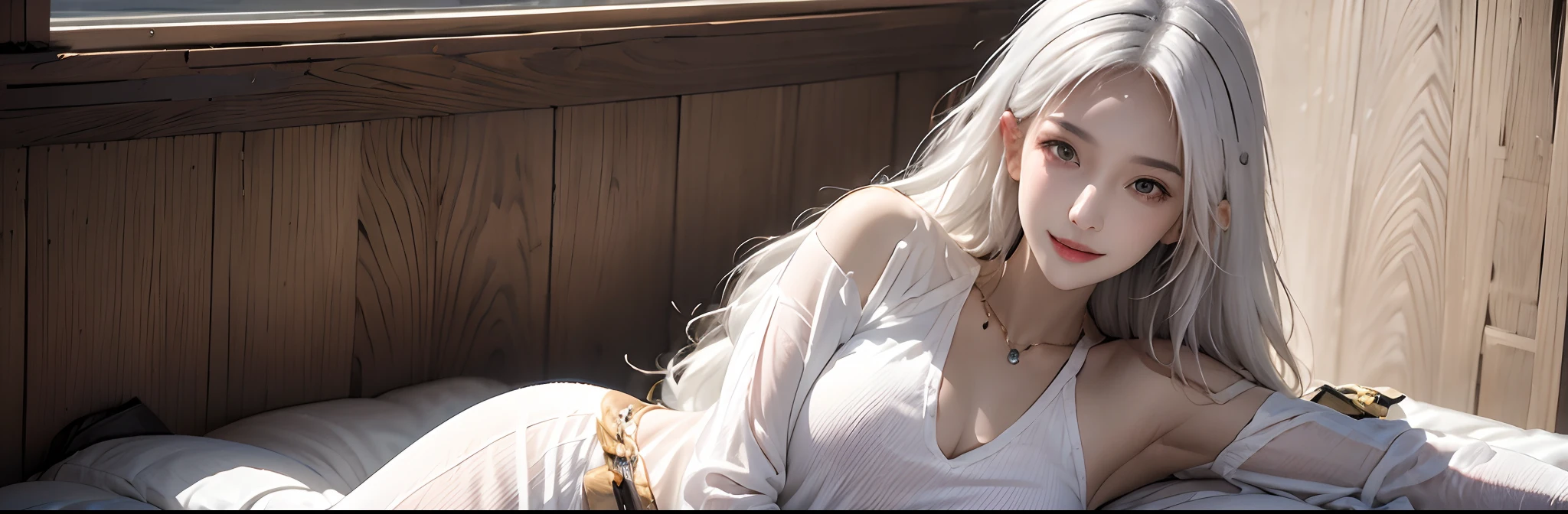photorealistic, high resolution, soft lights, 1women, solo, hips up, look at viewer, (detailed face), white hair, long hair, military uniform, jewelry,30a,(realism:1.3),narrow waist, hyper detailed, posing, petite, smiling, see through, lying down